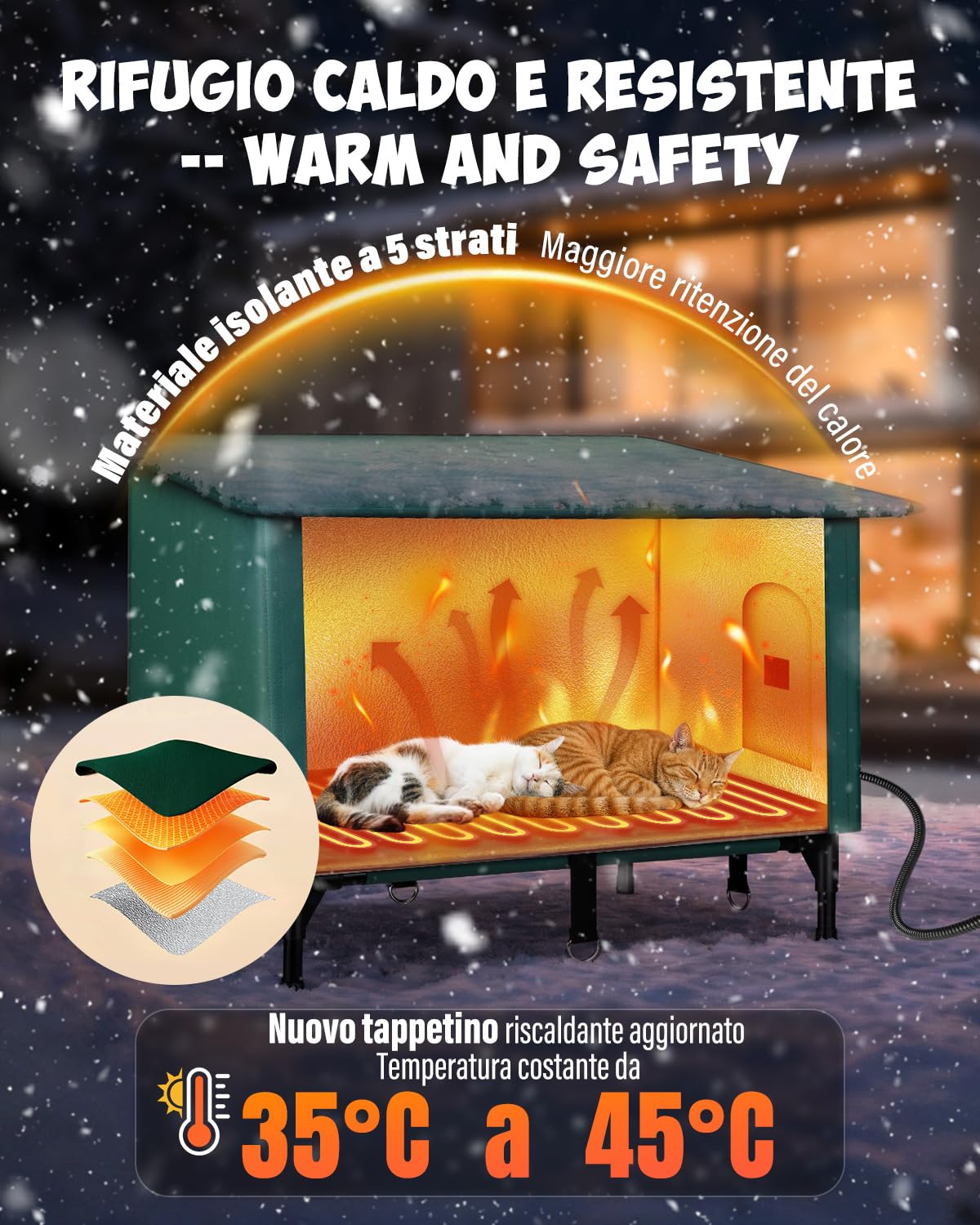 Grande Cuccia Gatto Esterno, Casetta per Gatti da Esterno Impermeabile con Cuscino Riscaldante e Porte di Fuga, Riscaldata Cucce da Esterno per più Gatti, Cat House da Esterno Rialzata