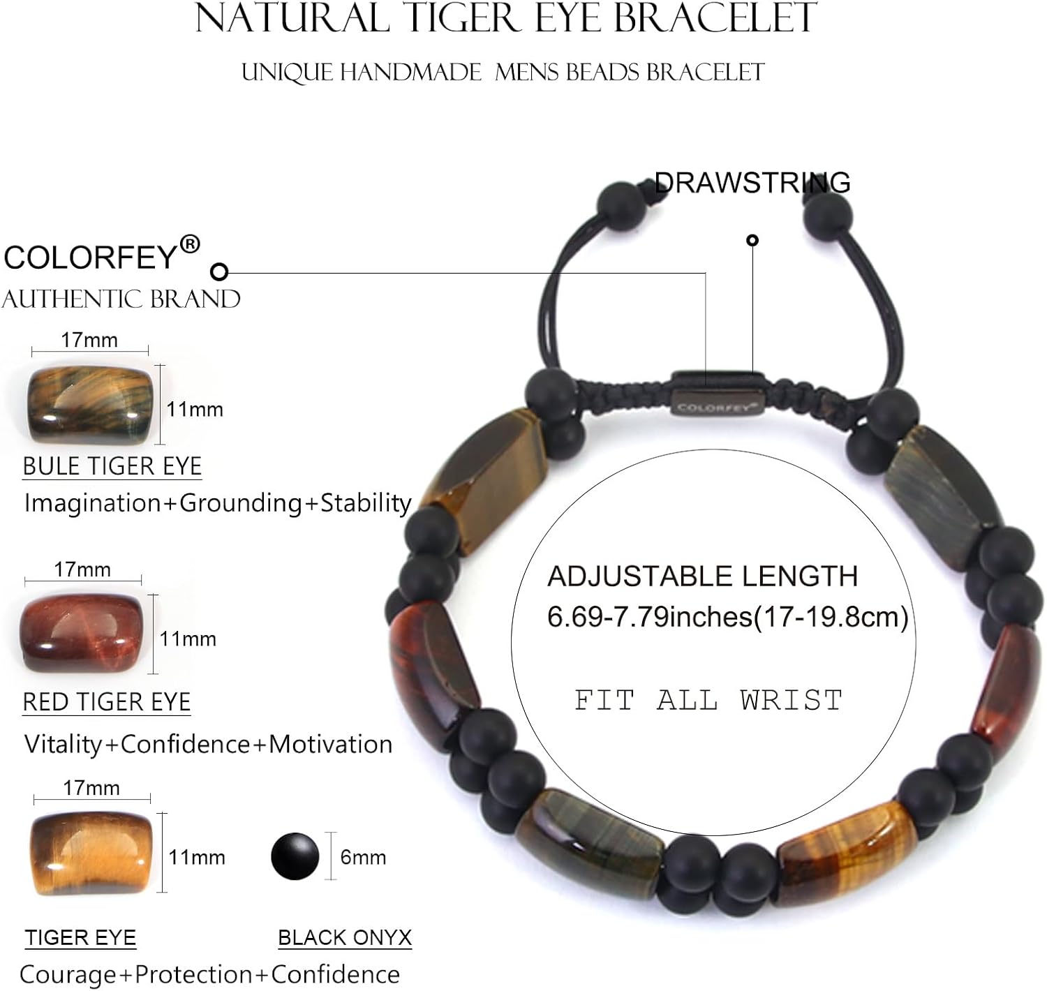 Tiger Eye Stone Bracelets for Men, Protection Crystal Bracelets Multicolored Tiger Eye Onyx Beaded Bracelet for Men, Positive Energy Beads Bracelet Handmade Mens Jewelry for Spiritual Relief - Image 5
