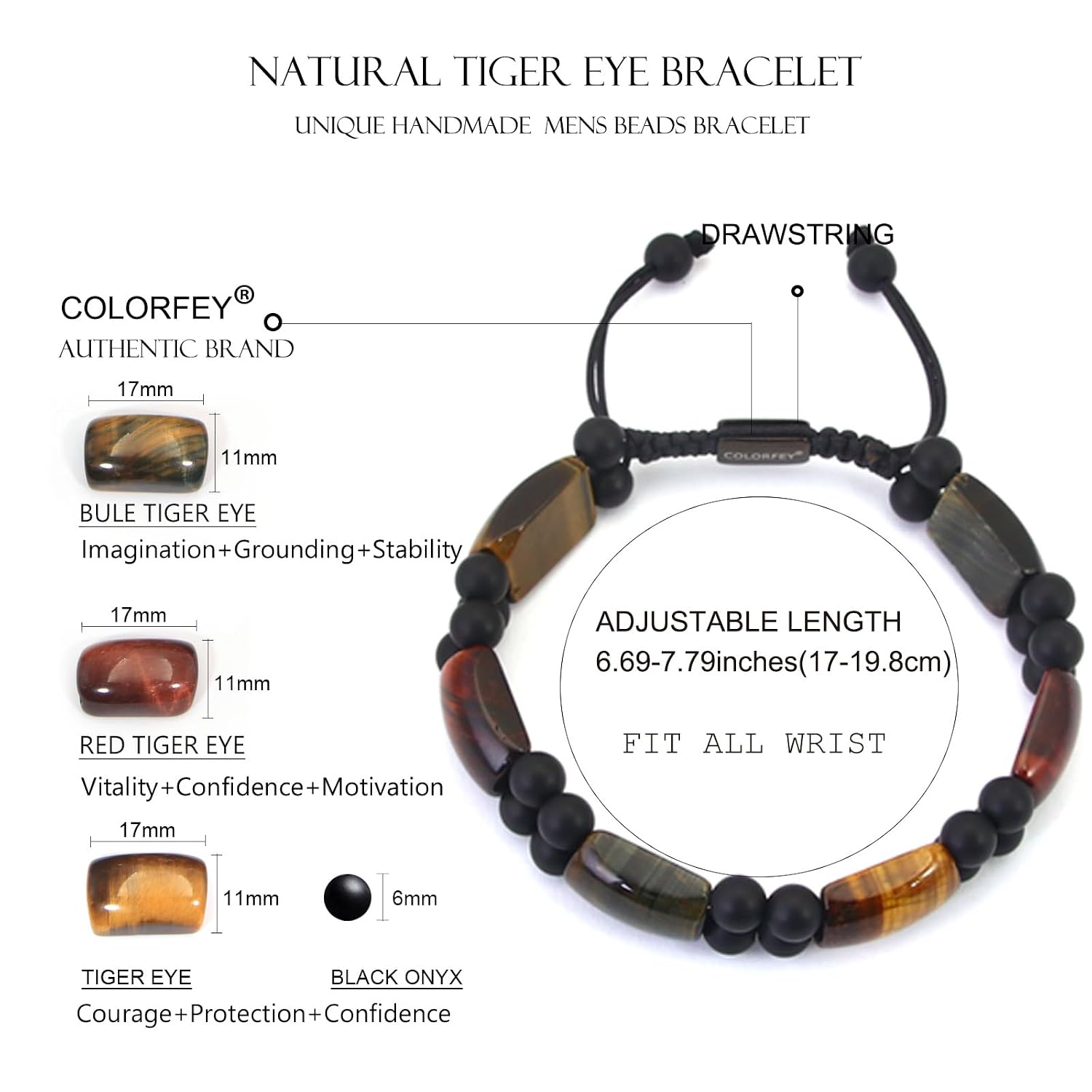Tiger Eye Stone Bracelets for Men, Protection Crystal Bracelets Multicolored Tiger Eye Onyx Beaded Bracelet for Men, Handmade Mens Jewelry Energy Crystal Beads Bracelet for Spiritual Relief