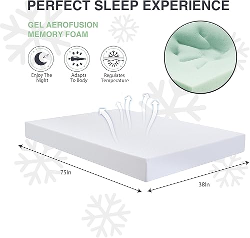 Miniatura 2 de Dyonery Colchón individual de 8 pulgadas, espuma viscoelástica de gel frío, certificado CertiPUR-US, sin fibra de vidrio, funda acolchada, 38 x 75 x