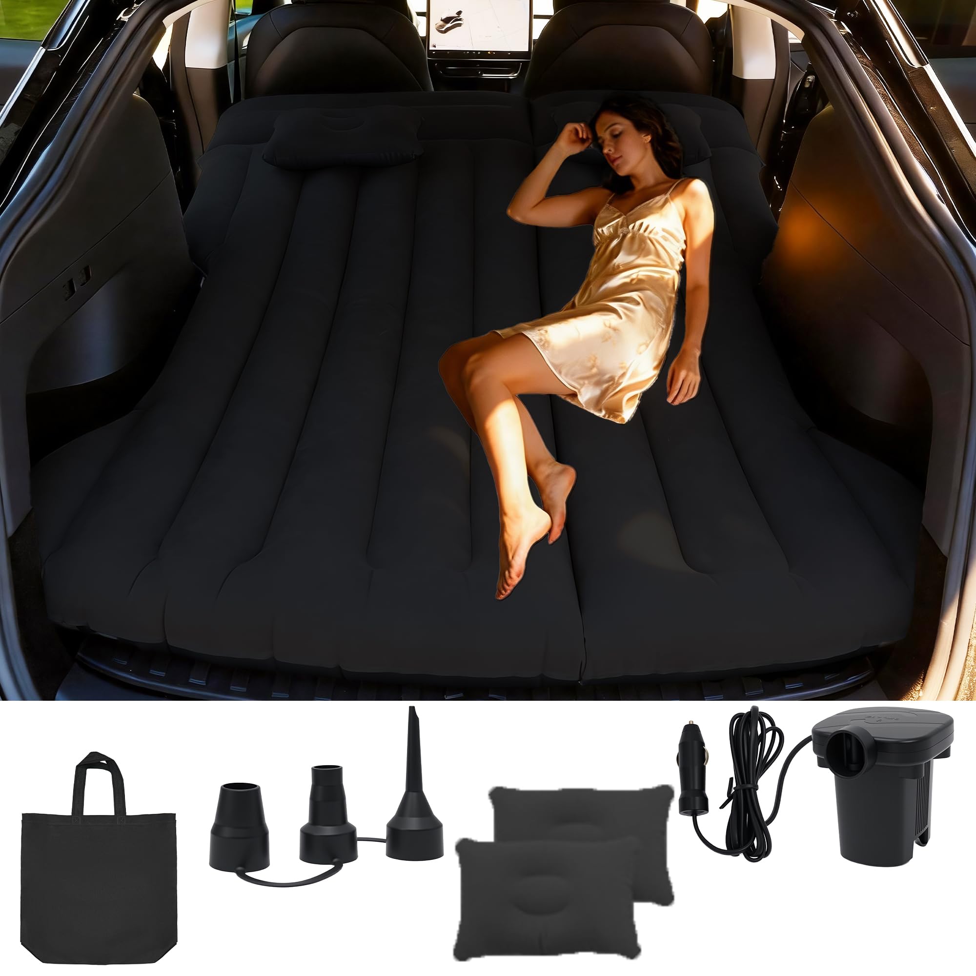 Colchón para Coche Duradero con Bomba de Aire, Cama de Aire para Viajes, Negro