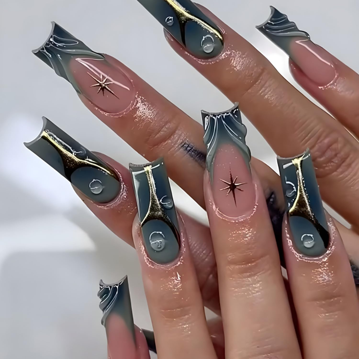 Press on Long Nails Coffin Shaped Acrylic Glossy Full Cover Long Square French False Nails with Designs Artificial Extra Long Square Fake Nails with