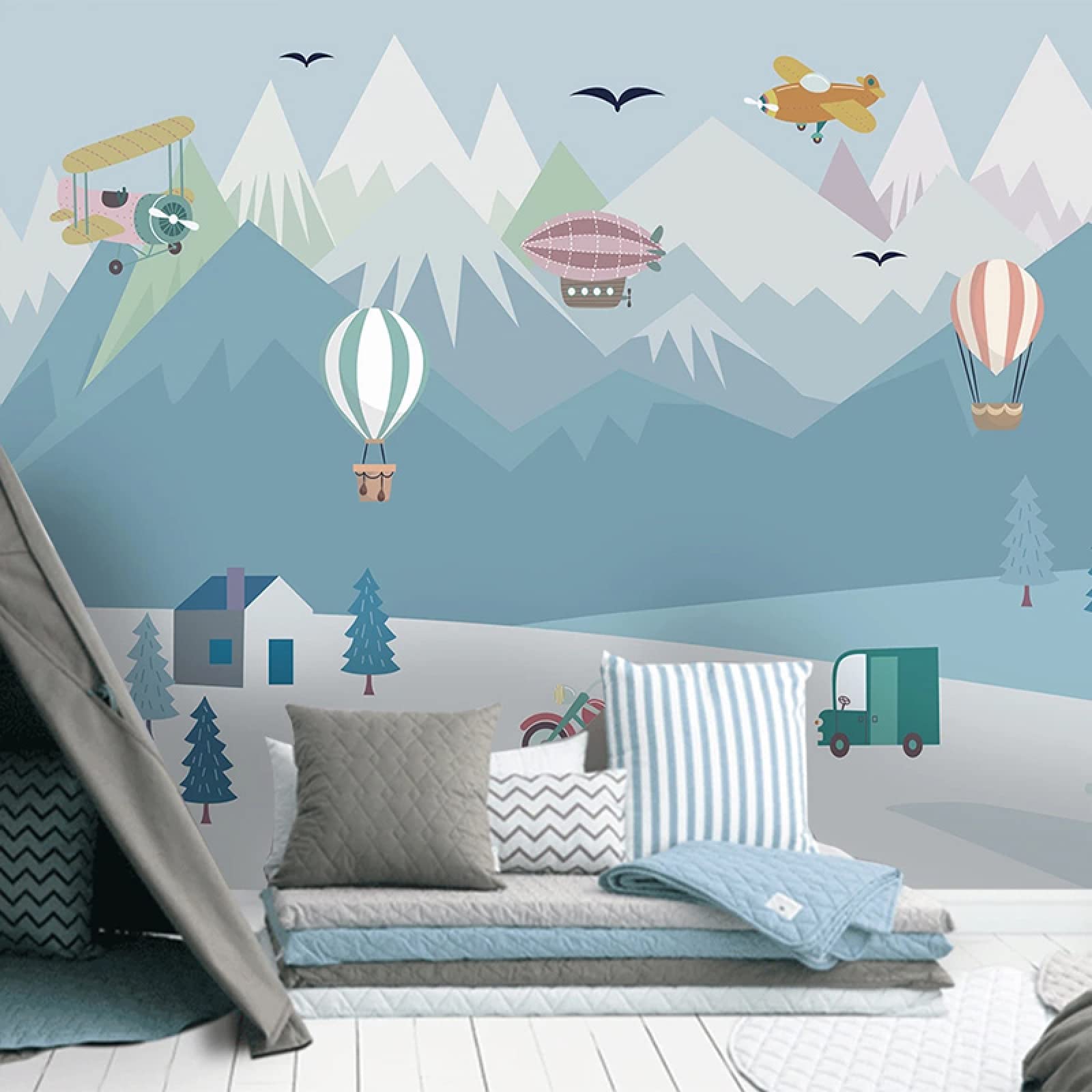 Mural wallpaper bleu mignon cartoon ballon avion voiture fresque enfants chambre fond 140X100cm