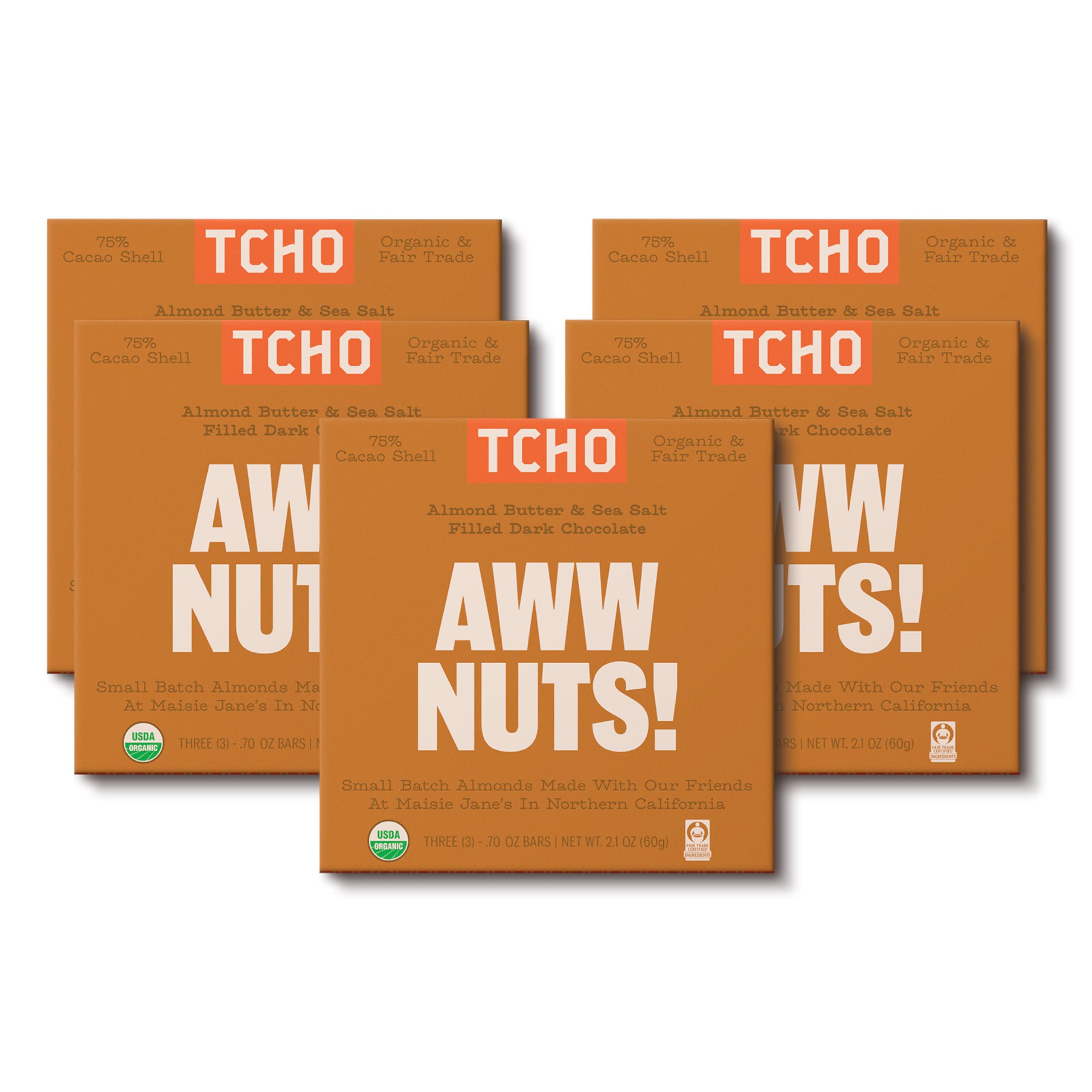 TCHO Aww Nuts! Dark Chocolate Bars (5 pack) | Plant Based, Organic & Fair Trade | Non GMO, Non-Dairy, Vegan, Soy Free (2.1oz each)