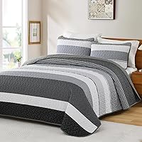 Vista 2 de Dinjoy Juego de edredón bohemio tamaño matrimonial, 3 piezas de edredón a rayas gris oscuro, juego de ropa de cama acolchado de microfibra suave