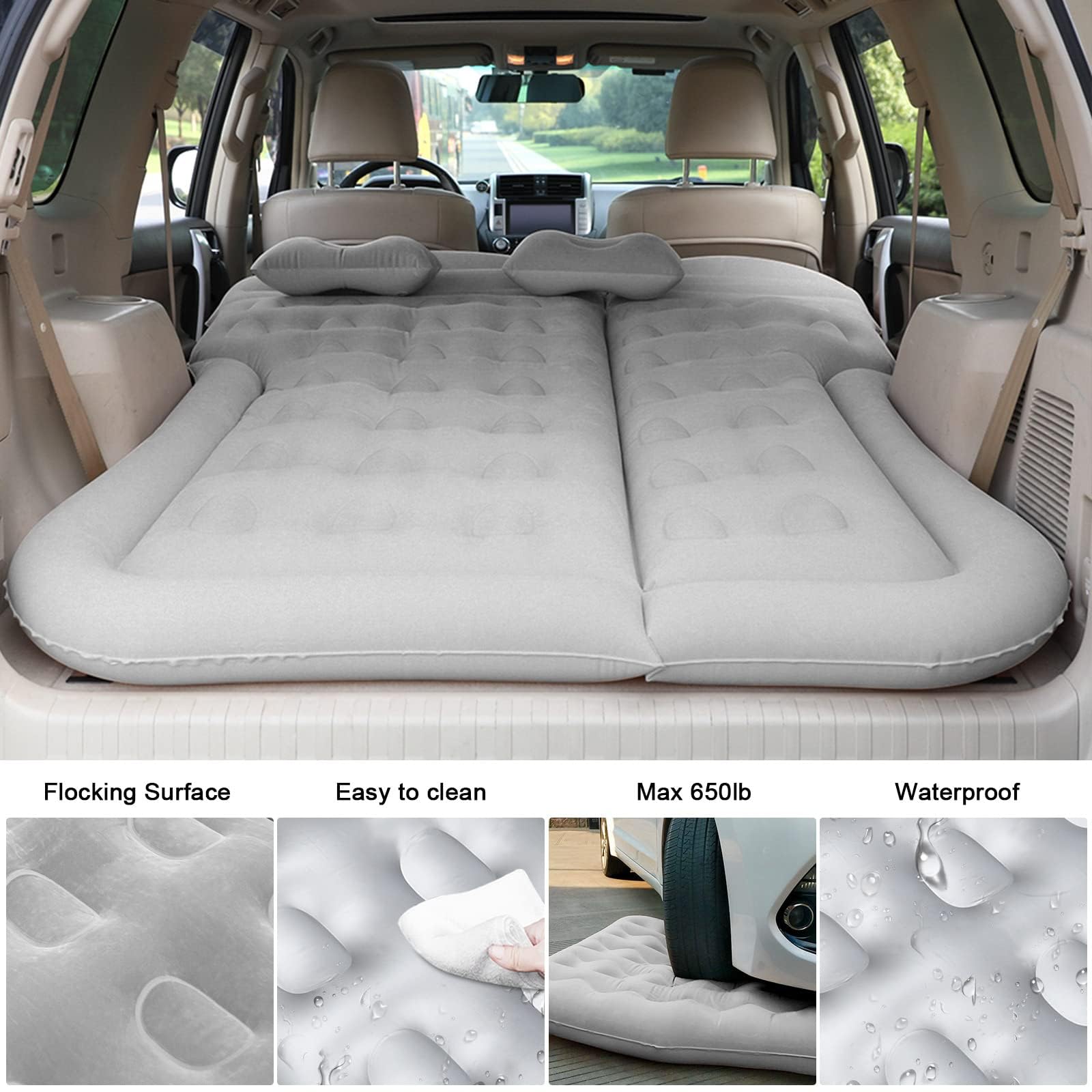SUV Car Air Mattress for Camping & Travel, Thick Inflatable Bed with Two Pillows, Portable Car Air Pump Included, Comfortable Backseat Sleeping Pad for Outdoor Road Trips (Grey) 3