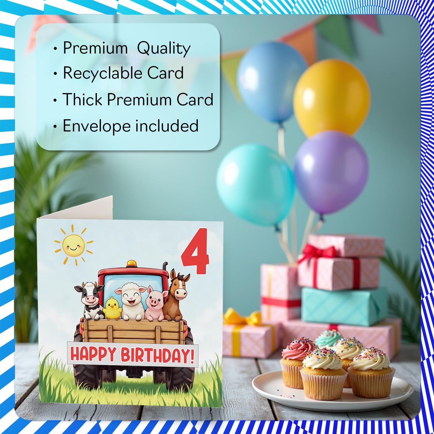 Stuff4 Playful 4th Birthday Card - All Aboard the Birthday Tractor - Cute Farm Animals in Bright Colors - Playful Fun for Little Adventurers - 5.7 Inch Square, Envelope Included