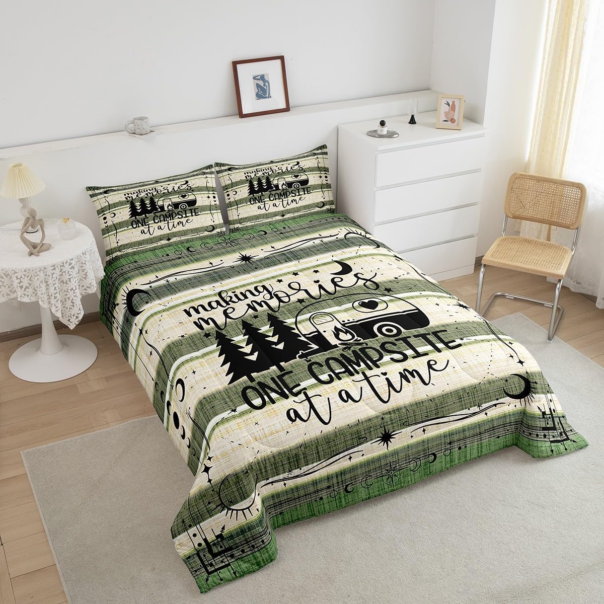 Erosebridal Happy Camping Decor Bedding Set, Rustic Camper Comforter Set Full Size for Kids Teen Girls Boys Room Decor, Camper Accessories for Travel Trailers Duvet Insert with 2 Pillow Cases Black Green Full image 4 of 6 B0DB1NBG9T