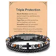 Mens Cross Bracelet Gifts for Him - Triple Protection Hematite Black Obsidian Tiger Eye Rosary Beads Leather Bracelets, Bible Verse Religious Christian Jewelry Gift for Boyfriend ,Philippians 4 13