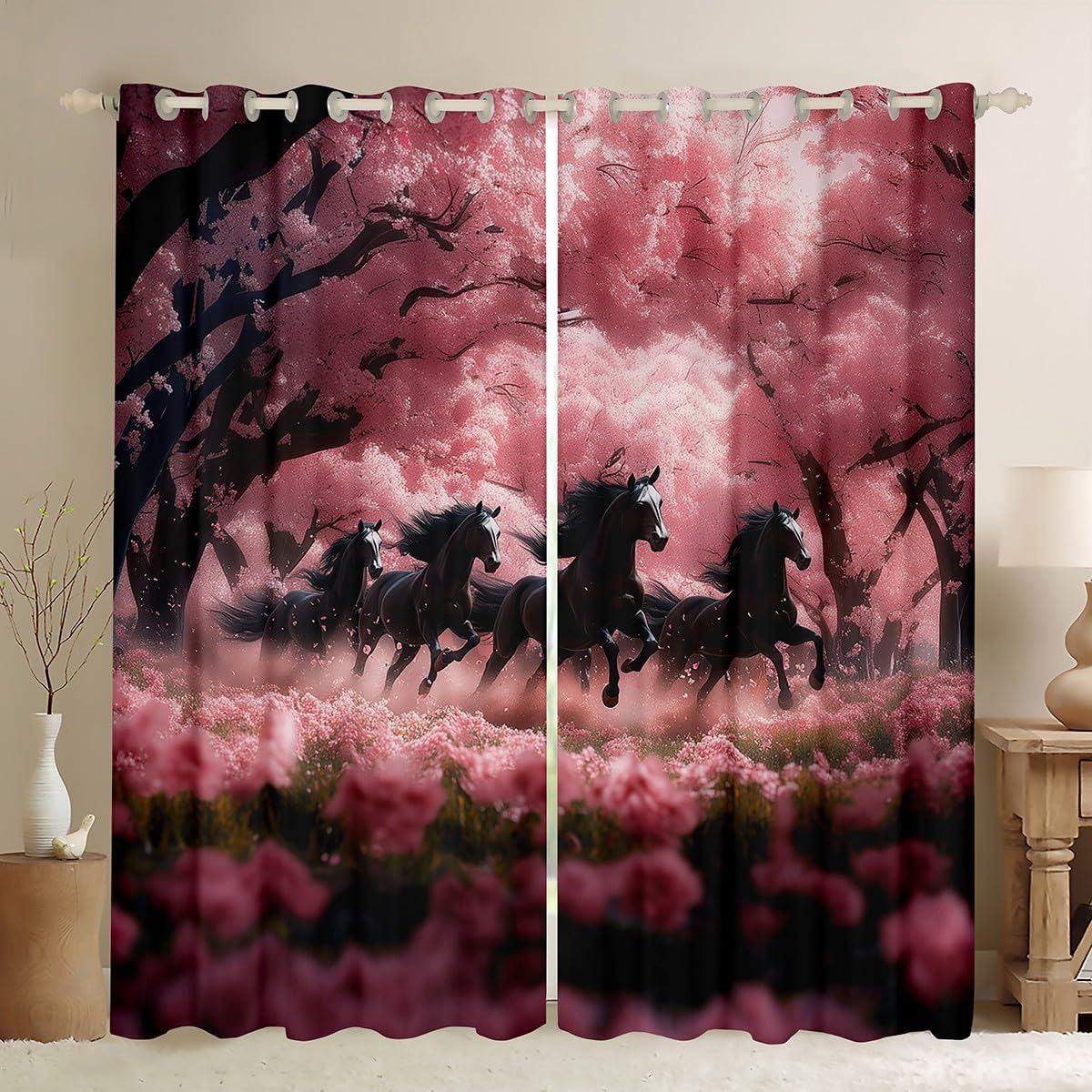 Feelyou Kids Horse Window Curtains Western Wild Animal Darkening Drapes Cherry Blossoms Blackout Curtains Boys Girls Galloping Horse Teens Window Treatments (2 Panels, 52 x 90 Inch)