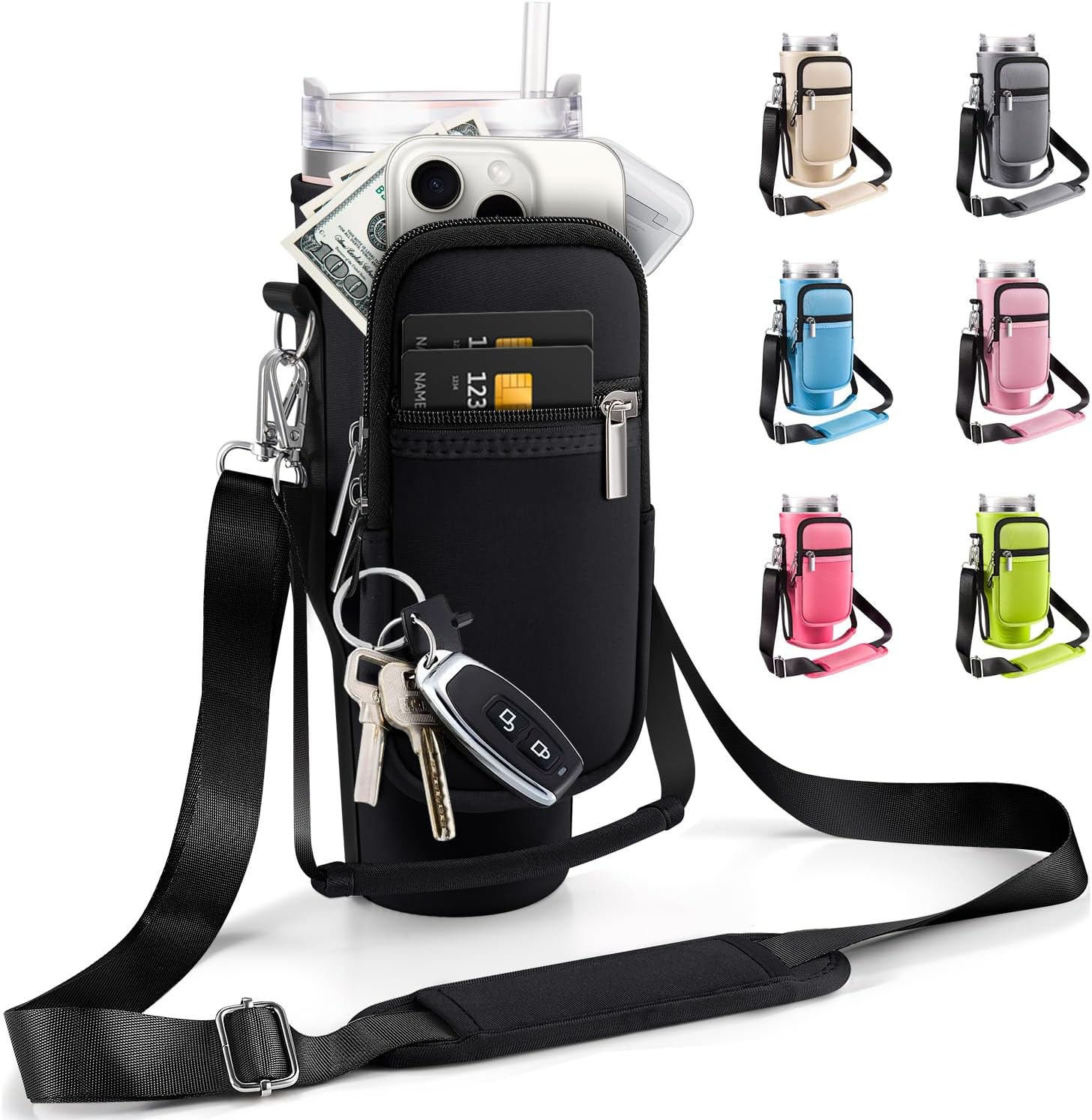 Carrier Bag with Phone Pocket for Stanley 40 oz Tumbler with Handle & Simple Modern 40oz Tumbler - Water Bottle Sling Sleeve Holder for Stanley Cup Accessories with Adjustable Shoulder & Hand Strap