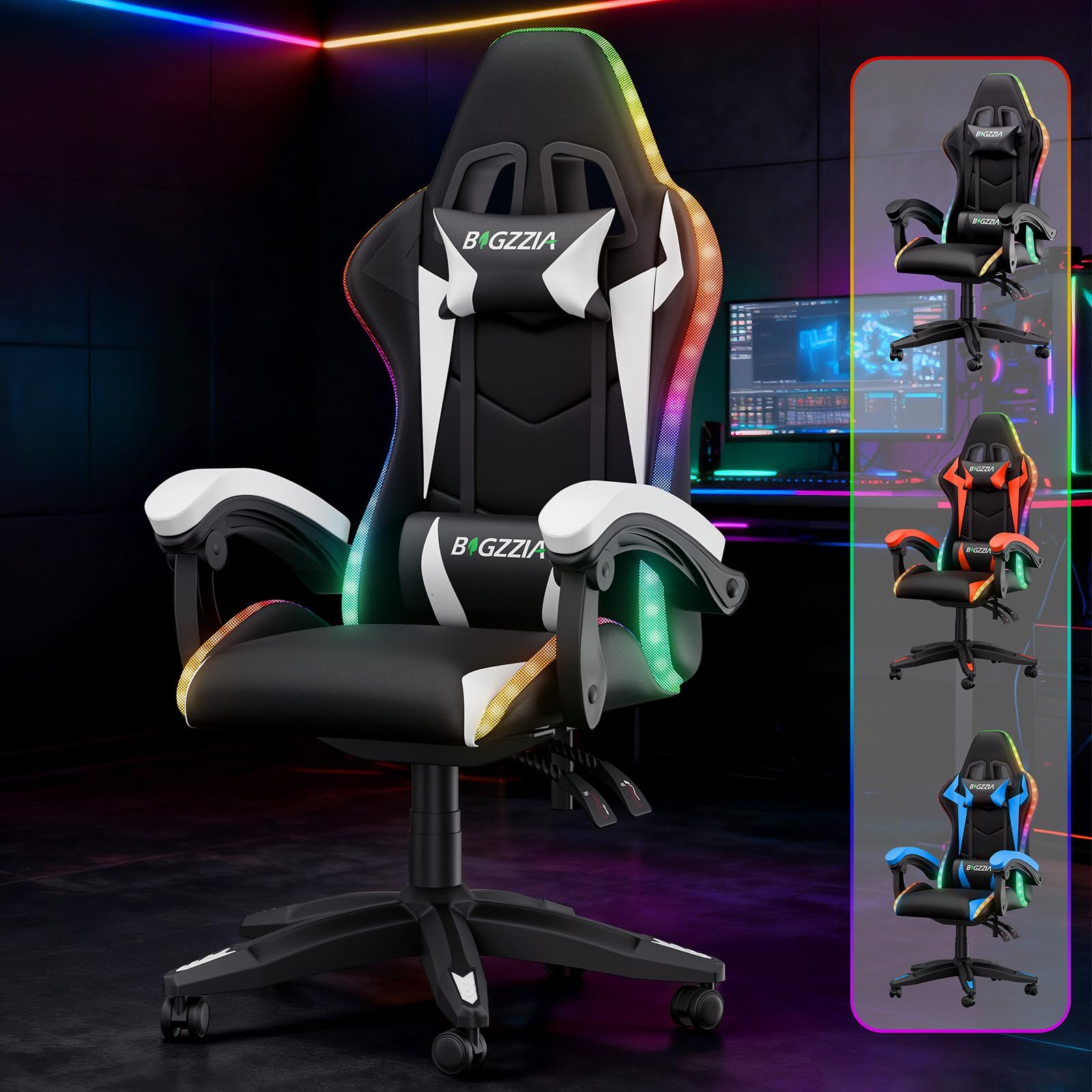 Silla de juegos con luces LED, silla reclinable ergonómica con luces RGB, reposacabezas ajustable y soporte lumbar, silla de oficina de piel sintética para computadora, altura e inclinación