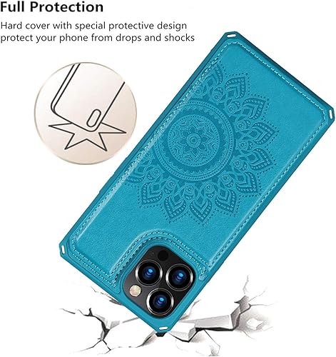 Miniatura 7 de iCoverCase Funda compatible con iPhone 12 Pro Max con tarjetero y correa de muñeca de piel sintética con bloqueo RFID de 6.7 pulgadas (azul mandala)