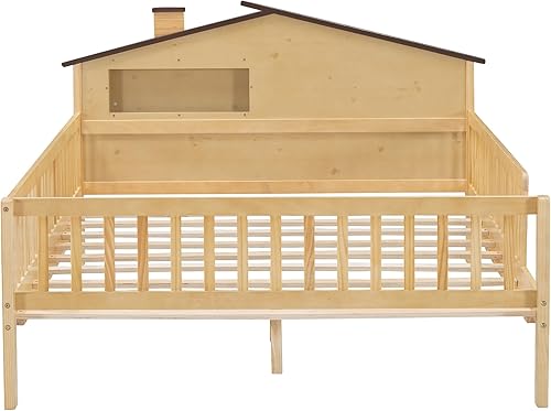 Miniatura 108 de Moderna plataforma de tamaño matrimonial con cabecera de almacenamiento y barandilla de seguridad para niños, plataforma de madera funcional con luz