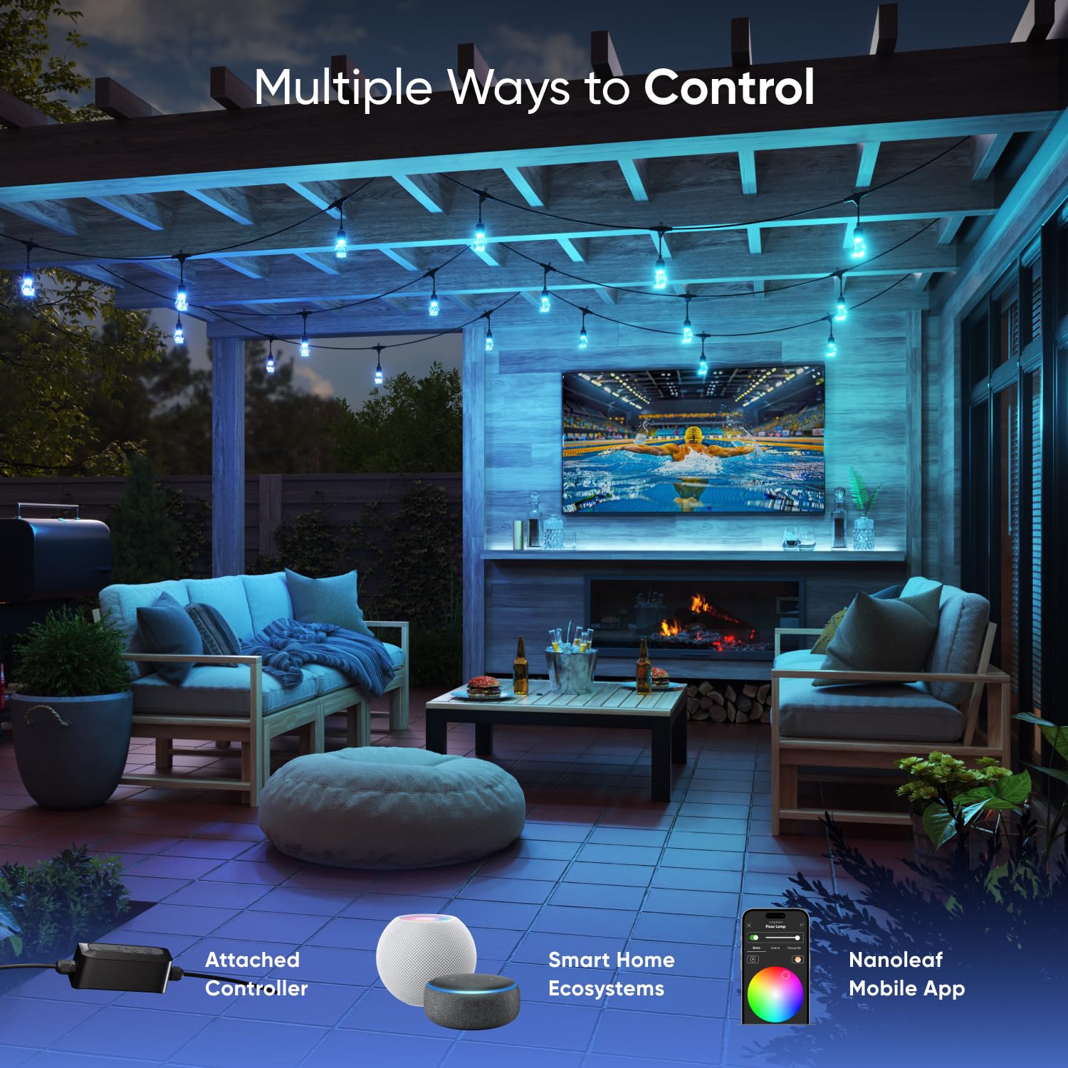 Nanoleaf Essentials Matter inteligentne wielokolorowe zewnętrzne łańcuchy świetlne rozszerzenie z adresowalnymi żarówkami LED RGBICW, białe i zmieniające kolory, Wi-Fi + Bluetooth, wodoodporność IP 65