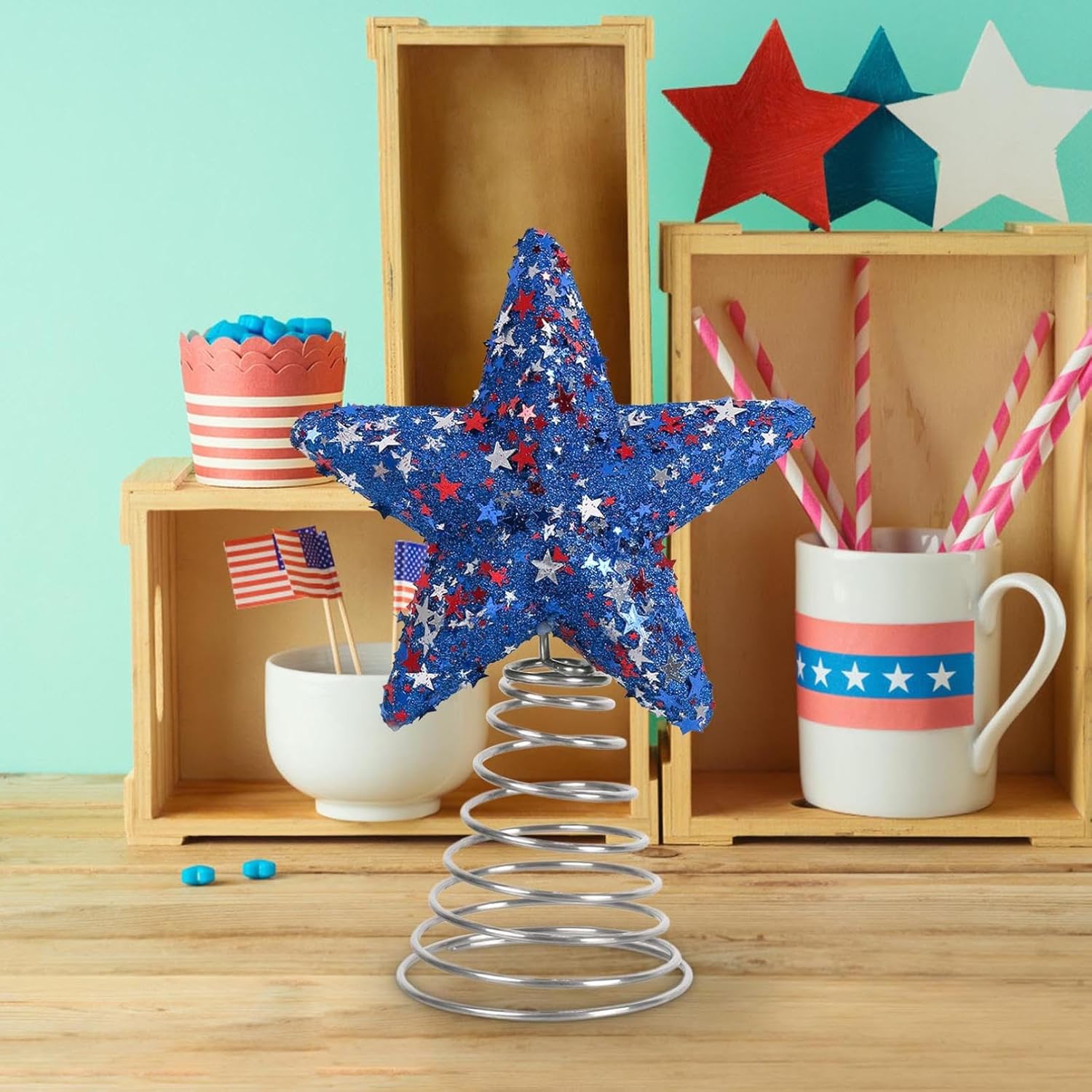 9 Inch 4th of July Patriotic Star Tree Topper Memorial Day USA 250th Anniversary Decorations Glitter Red White and Blue Stars Christmas Tree Toppers for Independence Day Home Office Party Decor