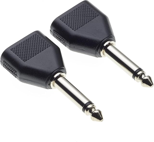 6.35 to 2x 3.5 Adapter, Pack of 2-1/4" Inch Male Plug to Two 1/8" Inch Female Sockets, Mono to Mono Connector, Jack Adaptor, Y Splitter