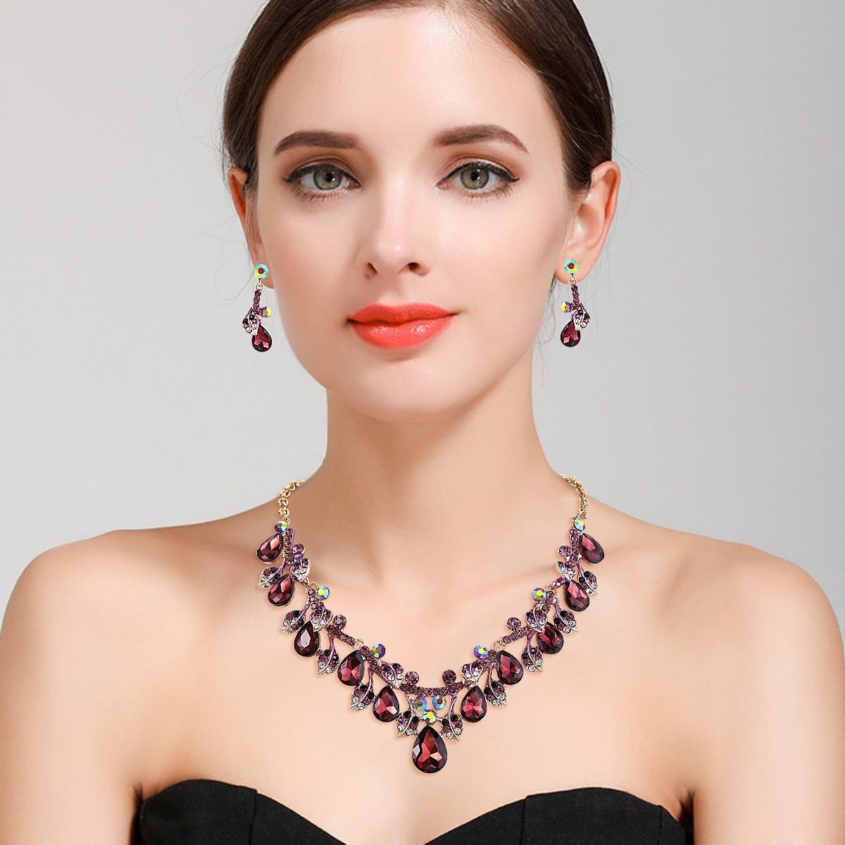 BriLove Women's Wedding Bridal Crystal Teardrop Cluster Leaf Vine Enamel Statement Necklace Dangle Earrings Set - Image 2