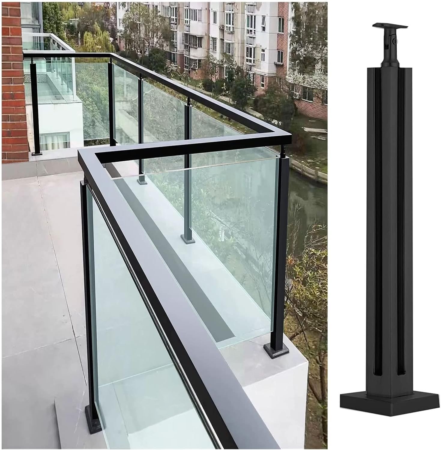 Poteau de garde-corps en acier noir de 104 cm pour fixation de plaques de verre