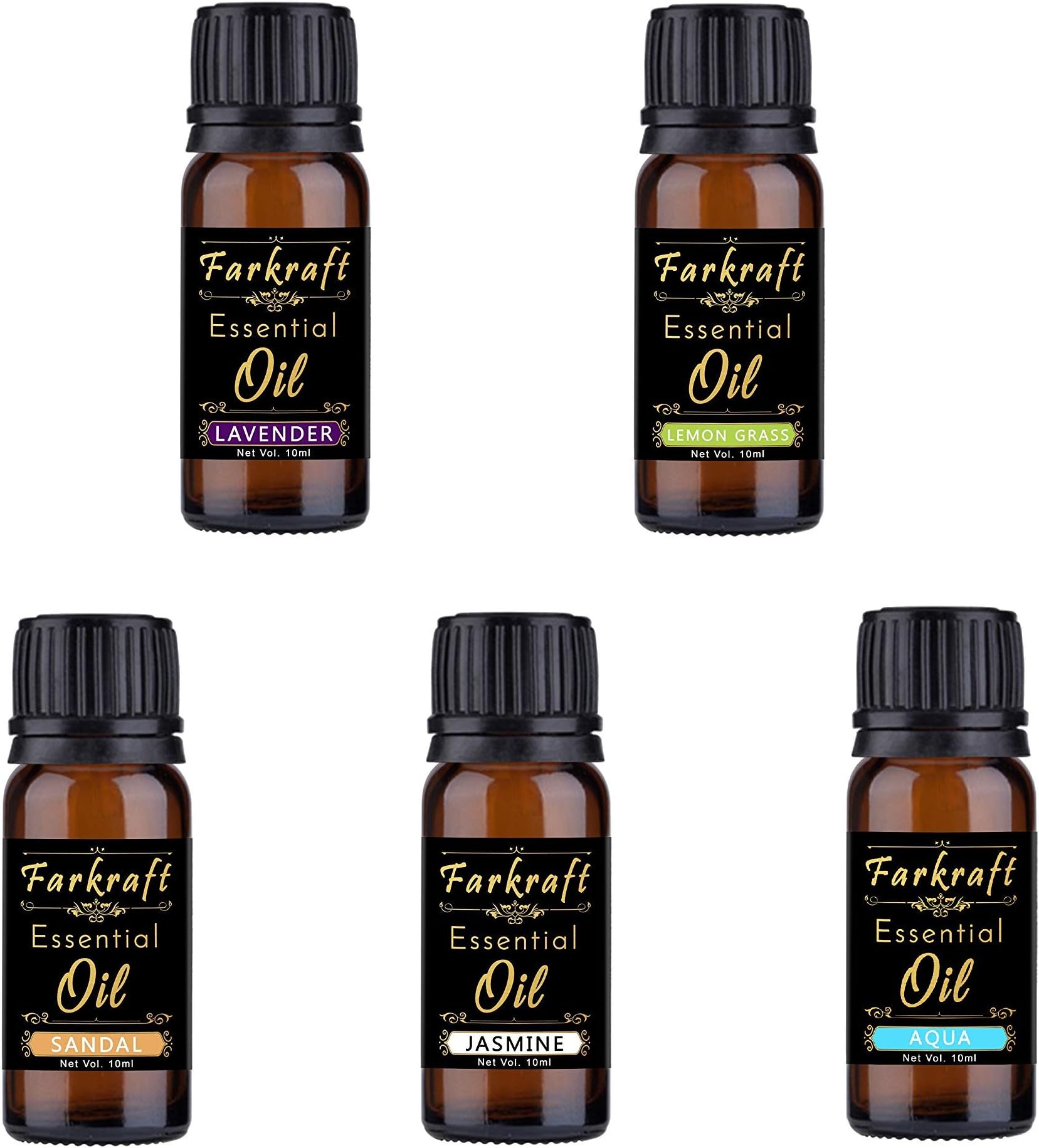 Farkraft 5 in One Aroma Oil Pack for Aroma Diffuser and Oil Burner Fragrance : Set of 5 Aroma Oil (Lavender, Lemongrass, Aqua, Sandal and Jasmine 10 ML Each)