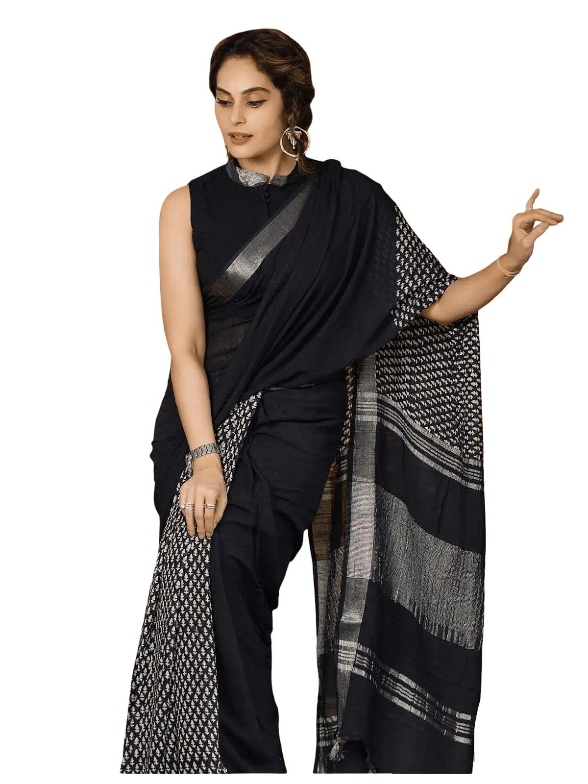 Printed Saree with border/Ethnic wear (Black)