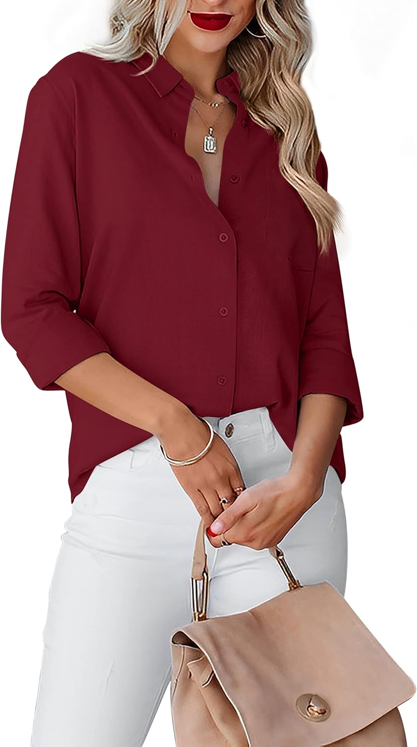 Diosun Womens Button Down Shirts V Neck Long Sleeve Office Casual Business Plain Blouse Tops with Pocket - Image 3