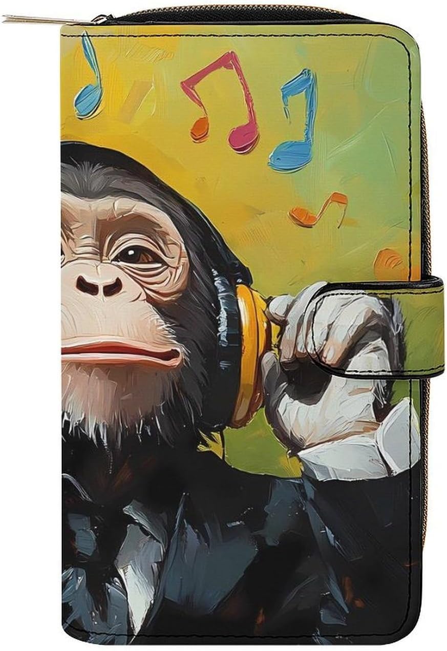 Monkey Music with Headphones Women's Long Wallet Leather Large Capacity Wristlet Clutch Purse Wallets