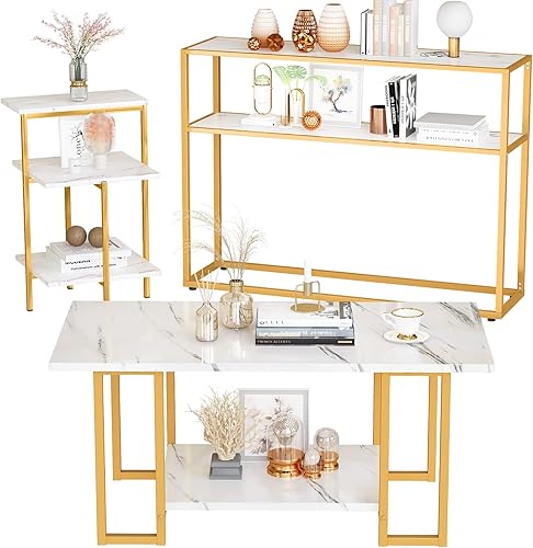 Lamerge Juego de 3 mesas auxiliares de mármol con mesa auxiliar de 3 niveles y mesas de consola, juego de mesa de sala de estar de 3 piezas con