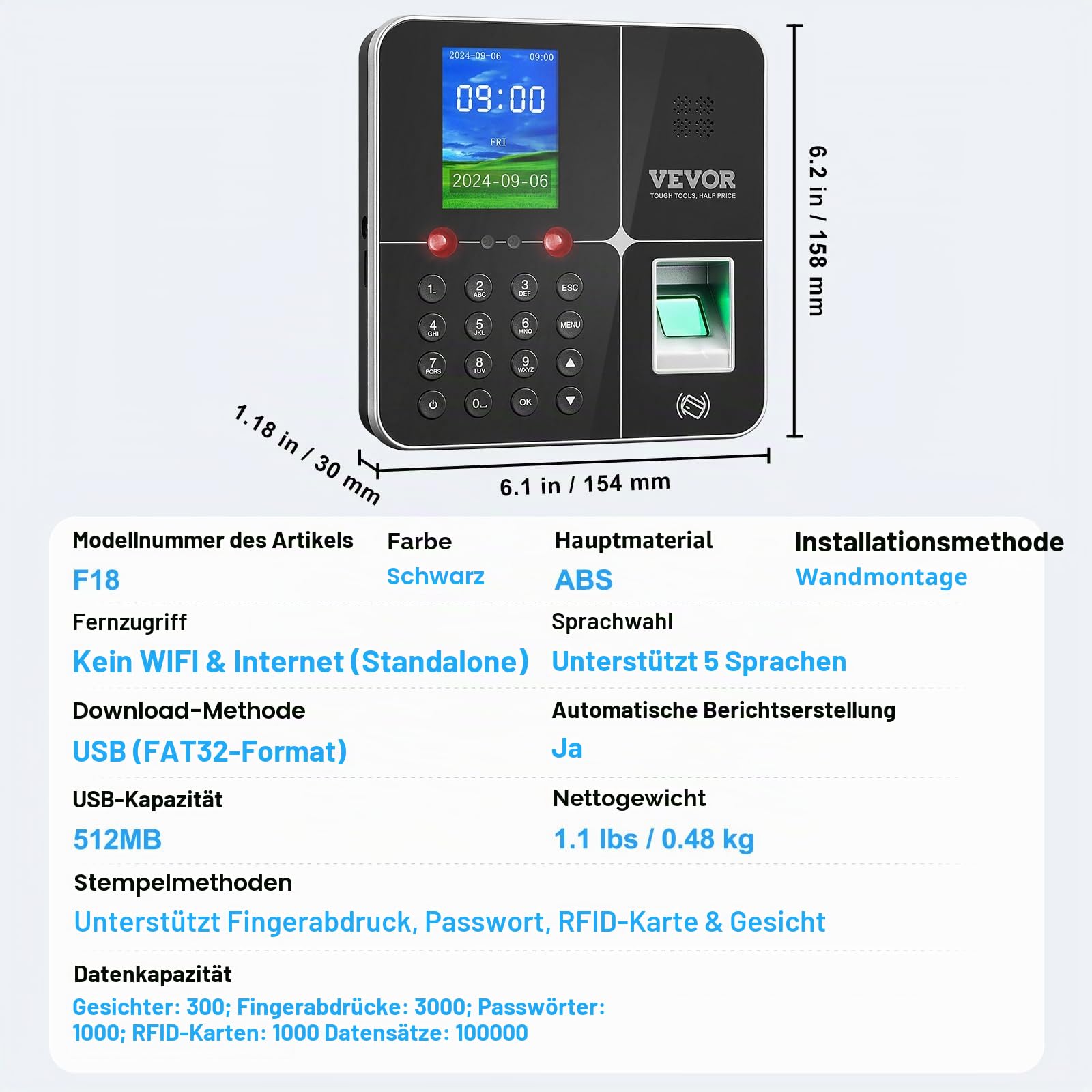 VEVOR F18 Stempeluhr Arbeitszeiterfassungsgerät Fingerabdruck-Stechuhr, Schwarz