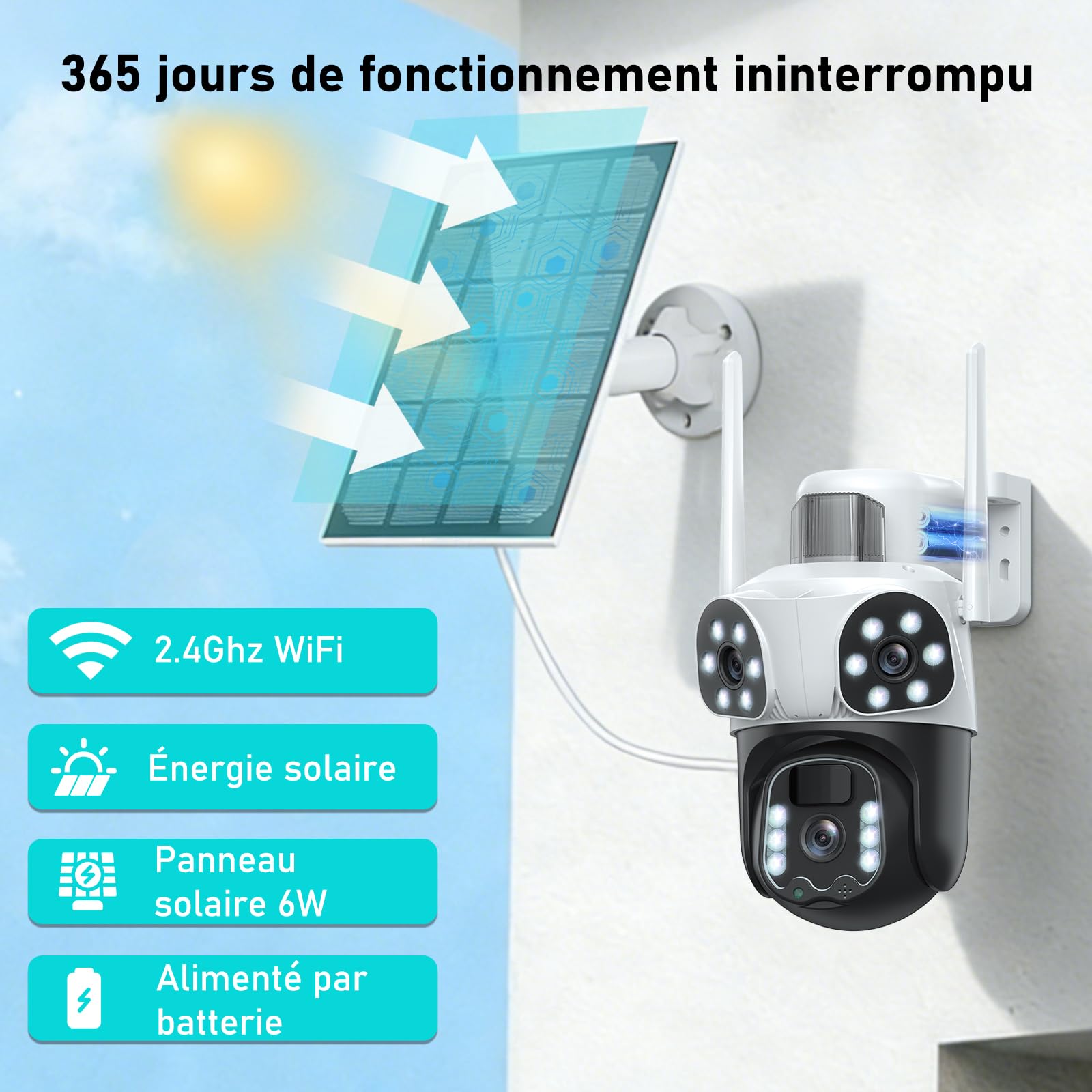 4K Camera Surveillance WiFi Exterieure sans Fil,à triple objectif/Camera Solaire/Batterie,Suivi Automatique,360° PTZ Sécurité à Domicile,Vision Vocturne,Audio Bidirectionnel,PIR Sirène,étanche,8MP HD