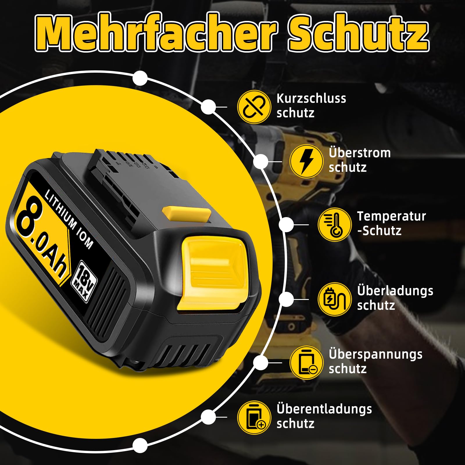 6 Stück 8.0Ah Li-Ion Ersatzakku für Dewalt Akku 18V mit LED-Anzeige, Kompatibel mit DCB184 DCB200 DCB115 DCB180 DCB182 DCB201 DCB101