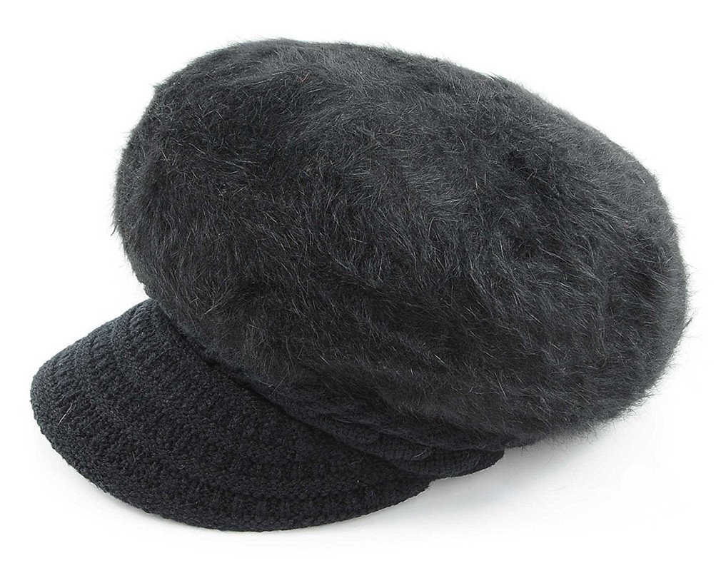 Kafeimali Women Fluffy Hats Crochet Wool Knit Winter Warm Snow Cap with Visor (Black)