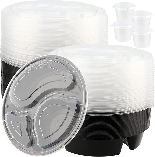 MUKCHAP 25 Pack 3 Compartment Meal Prep Food Containers, Reusable Round Lunch Box with Lids, Freezer Safe