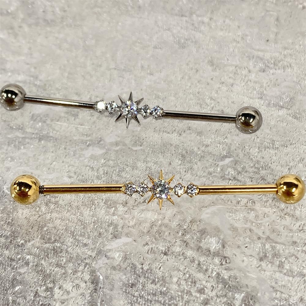 G23 Titanium CZ Sun Industrial Barbell Earrings for Women Men Shiny Crystal Eight-Pointed Star Cartilage Earrings 38mm Long Industrial Bar Piercing Ear Jewelry