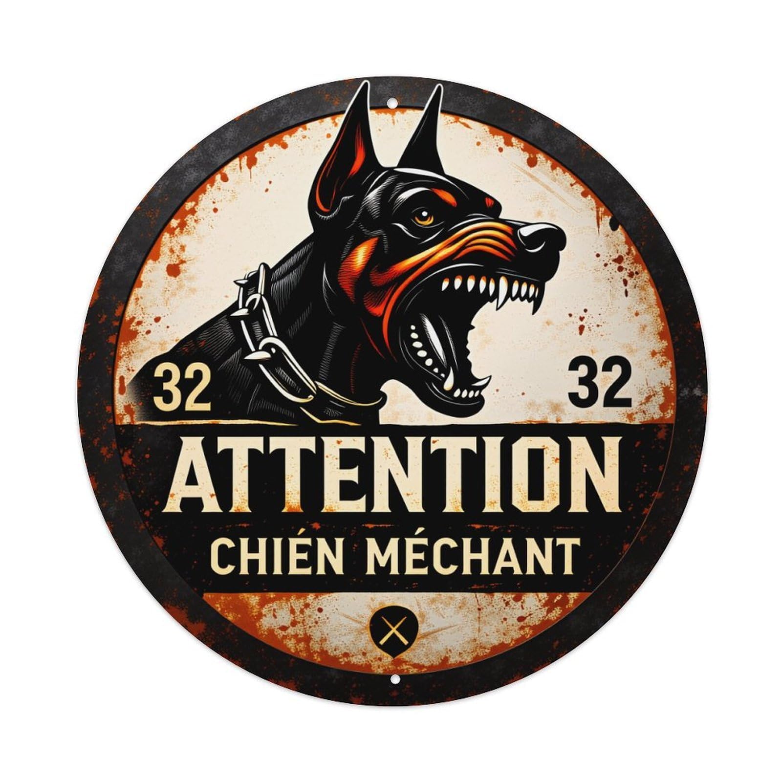 Doberman Dog Warning Sign With Chain And Teeth Round Vintage Tin Sign,Retro Wall Art,Metal Poster for Home, Bar, Garage, Cafe, Rustic Indoor & Outdoor Decor, 8x8 Inches