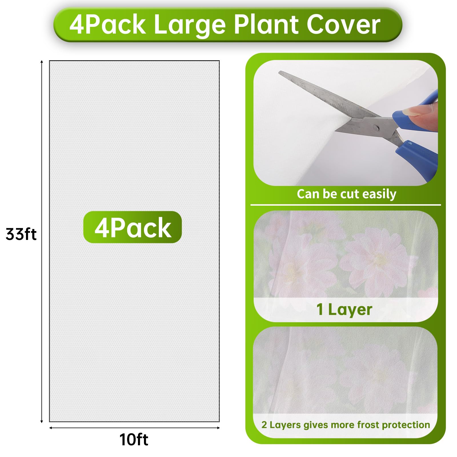 Paquete de 4 cubiertas para plantas de protección contra la congelación, 10 pies x 33 pies, 29.8 g/yd², tela para plantas al aire libre, cubierta flotante para hileras de heladas para invierno, jardín