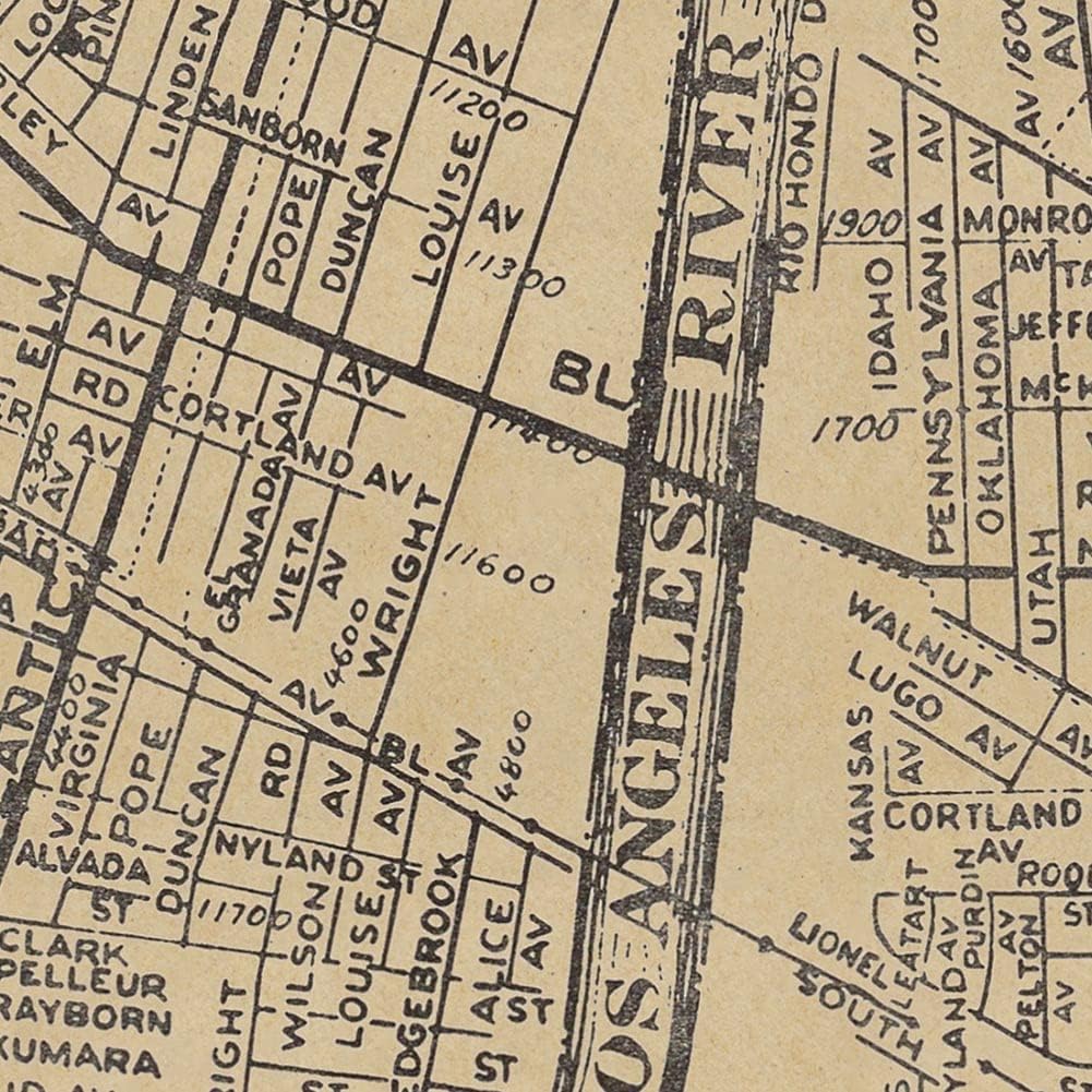 Antiguos Maps Illustrated Streets of Compton, Los Angeles, California circa 1946 | Includes Lynwood, Long Beach, LA County | Art Print Poster Vintage Wall Decor | 24 x 24 inches (610 x 610 mm)
