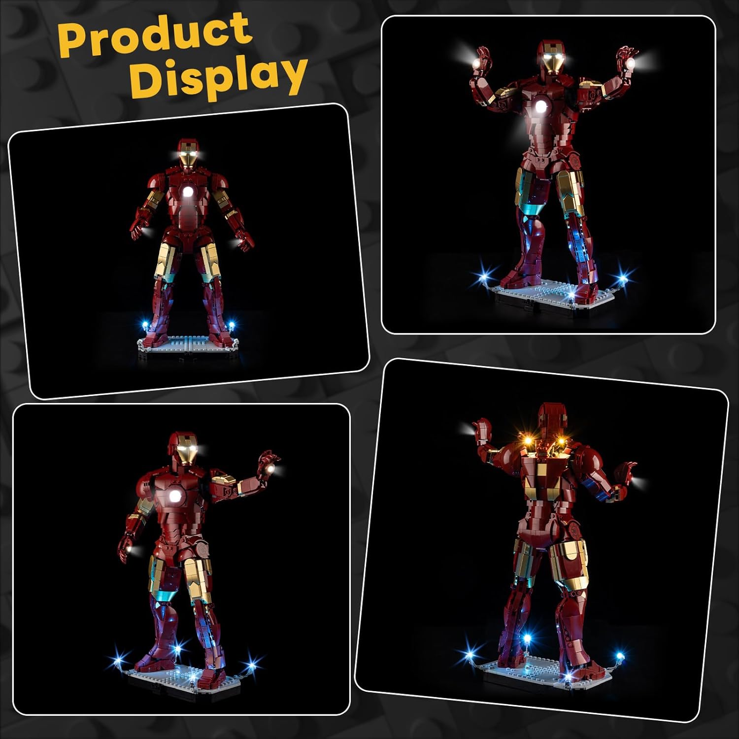 Multiple angles of the Lego Iron Man Mark 3 model with the Kyglaring LED Light Kit, showing the dynamic lighting from various perspectives.