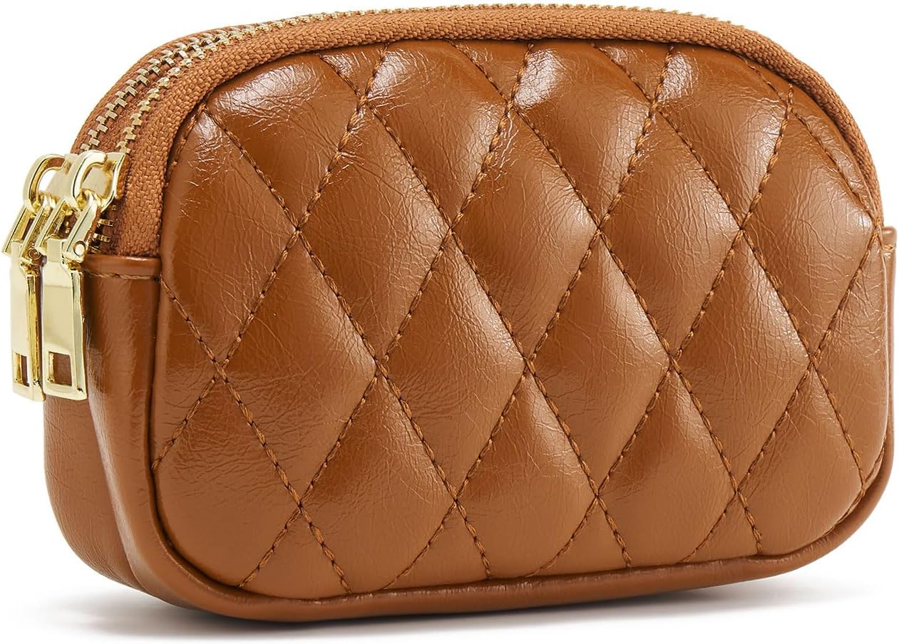 WOZEAH Leather Coin Purse for Women Small 2 Zipper Change Wallet with Key Ring Card Key Coin Cash Holder Pouch(Quilted Brown)
