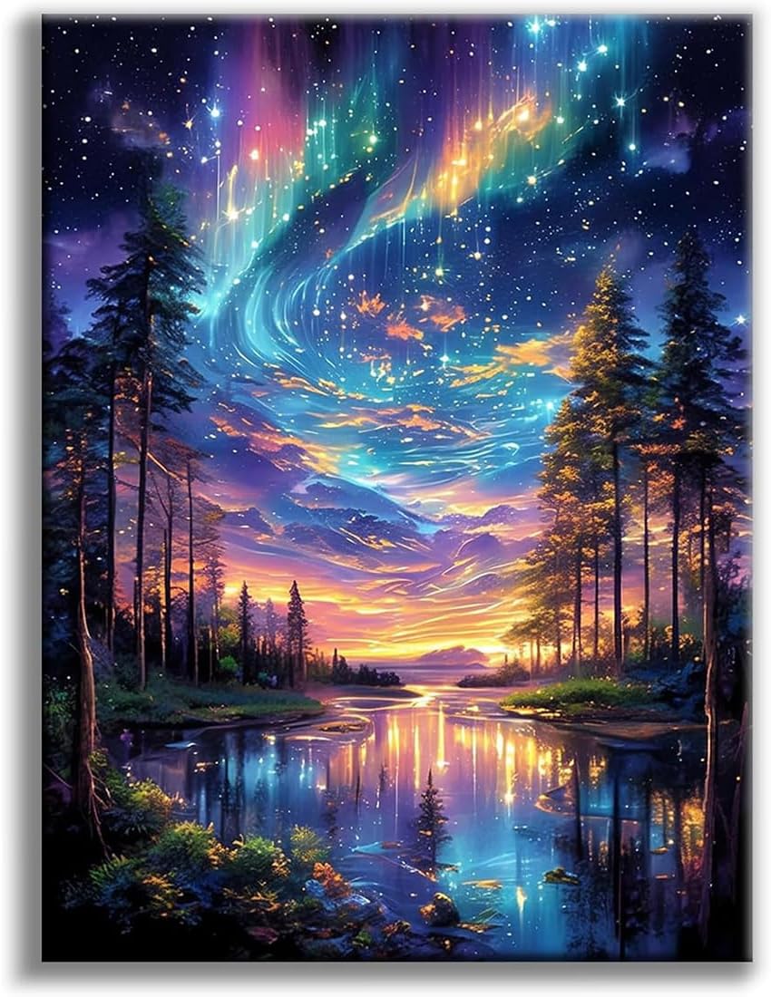 Starry Night Stamped Cross Stitch Kit for Beginners Adults - 11CT Lake Tree Pattern, 12x16 Inch Embroidery Crafts DIYHomeDecor
