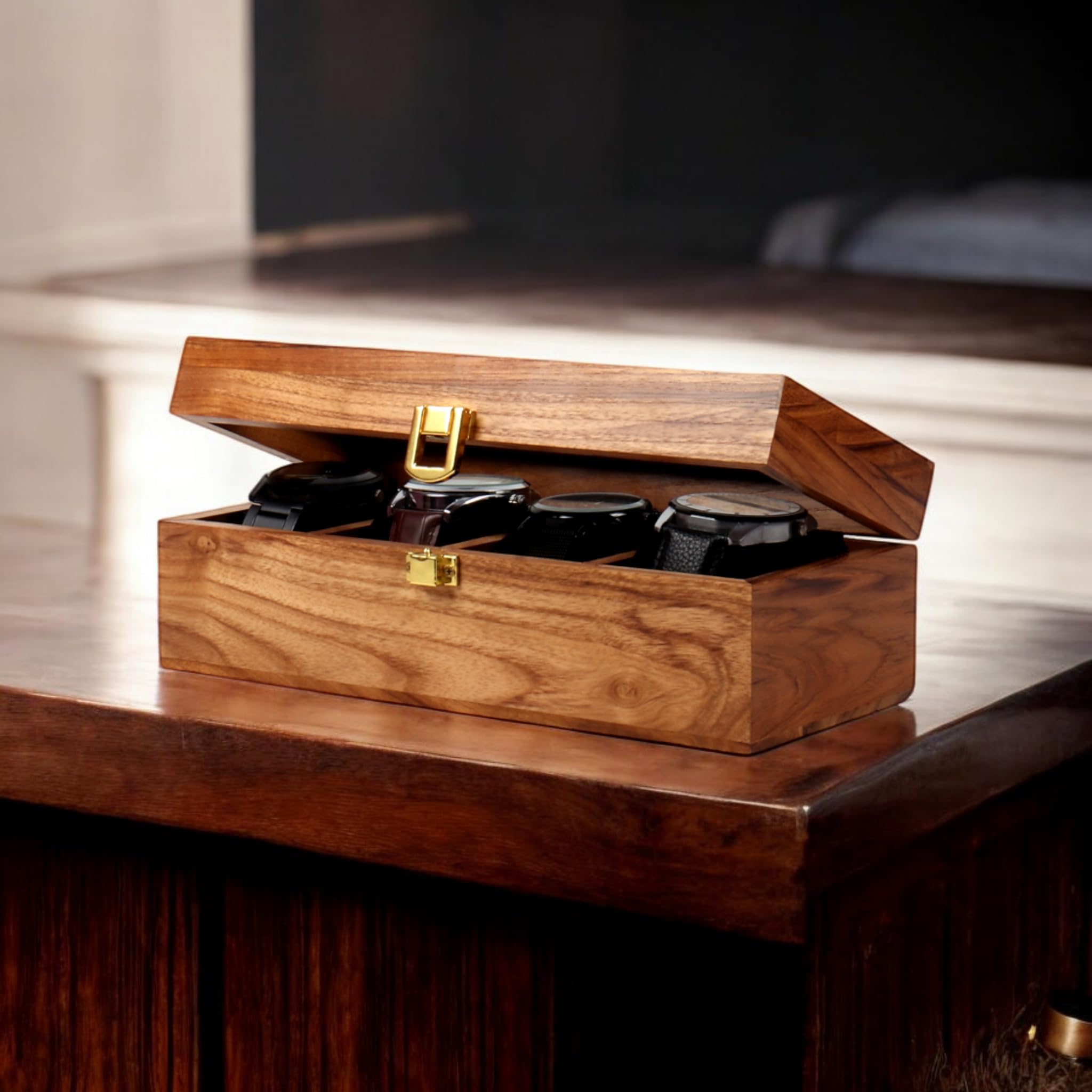 Caja de reloj de madera, organizador de almacenamiento, vitrina, soporte para joyas, regalo para hombres y mujeres, hecho a mano en madera de teca, de 4 a 12 ranuras, viene con