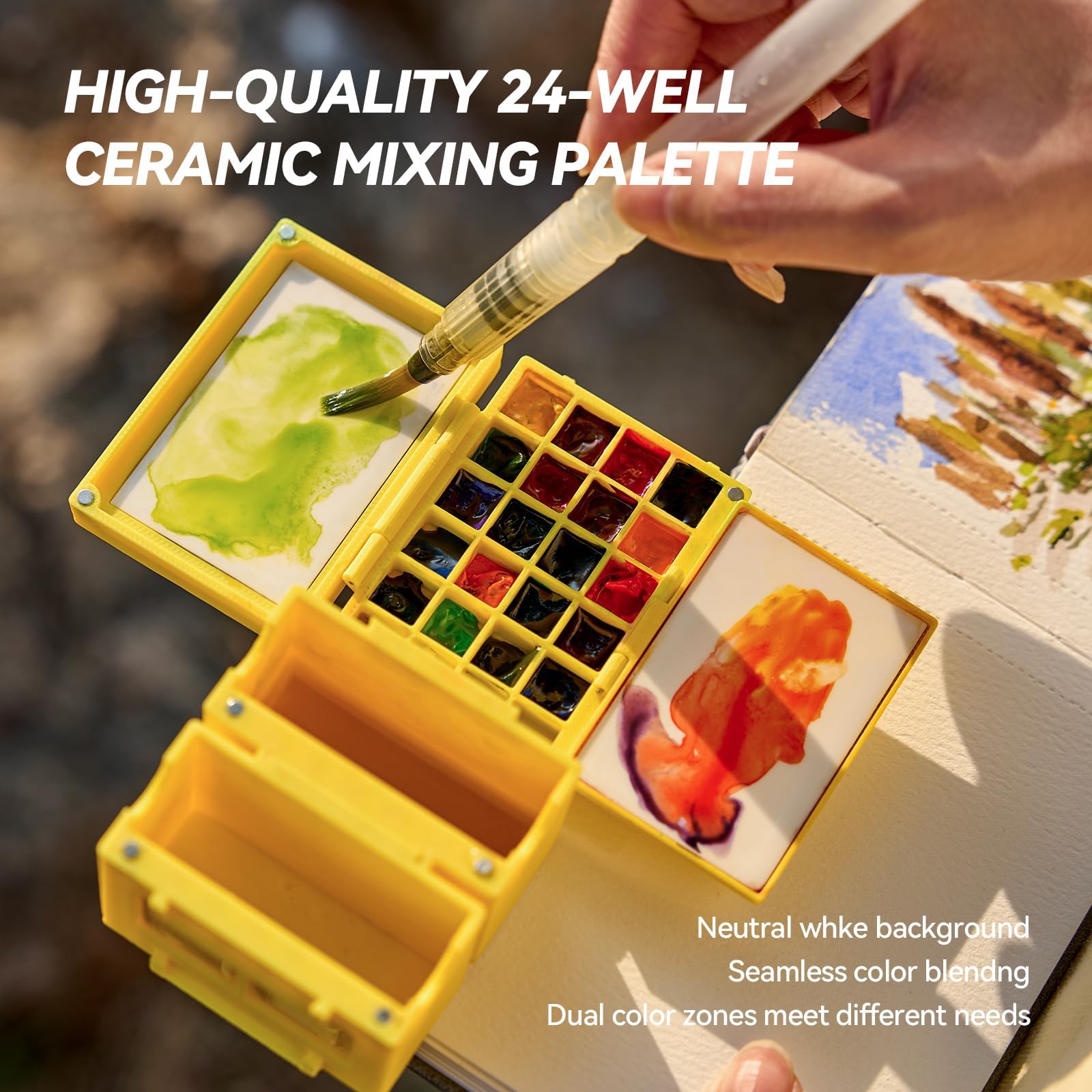 LIGHTWISH Set Acquerello Portatile 24 Colori, Kit Pittura Completo con Pennello ad Acqua, Quaderno Acquerello, Paletta Ceramica, Mirino, per Schizzo Esterno per Artisti e Principianti, Giallo