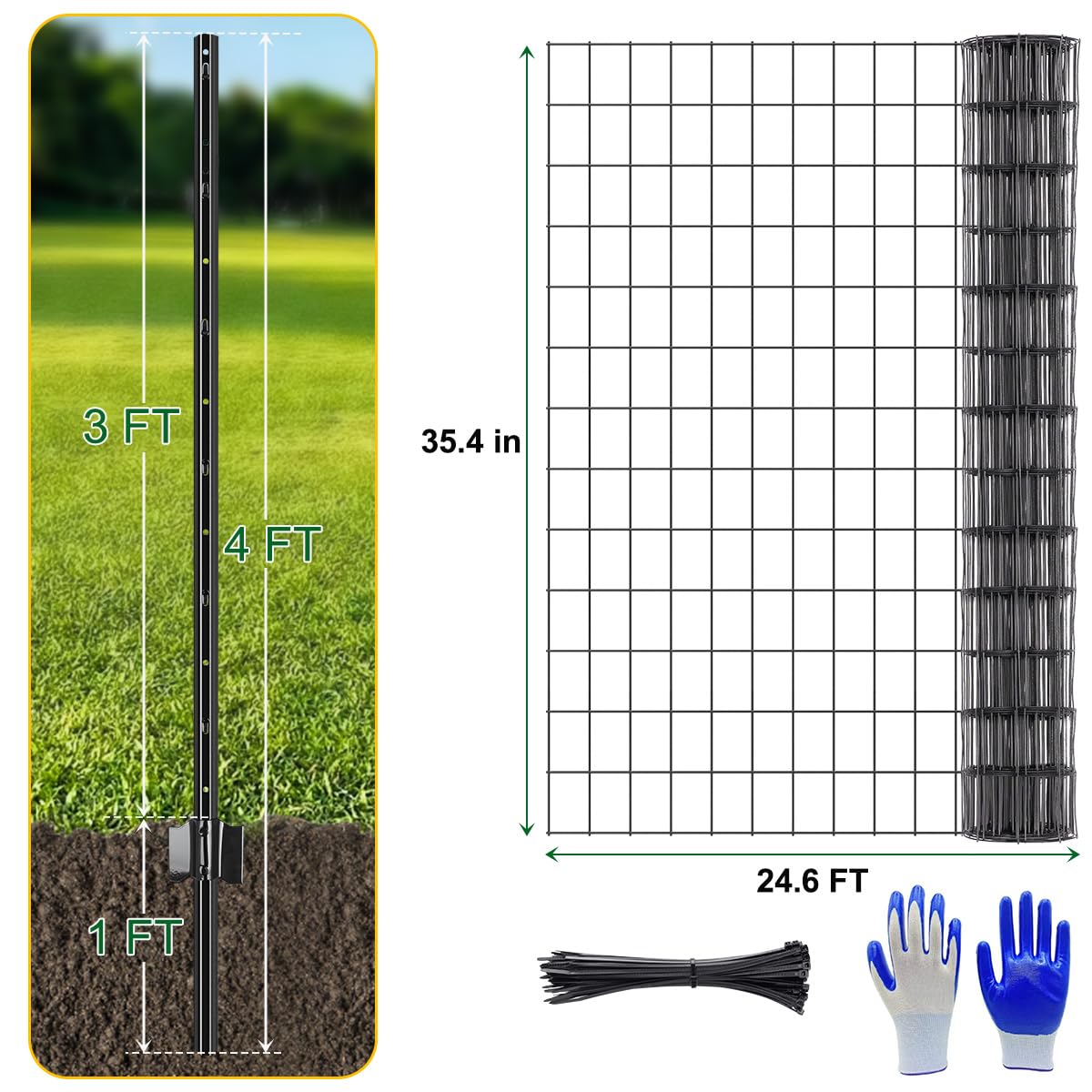 5 Pack 4 FT Metal Fence Post & Welded Wire Fence Kit, T Post for Wire Fencing, U Post for Temporary Fencing, Garden Fence, Small Pet Enclosure