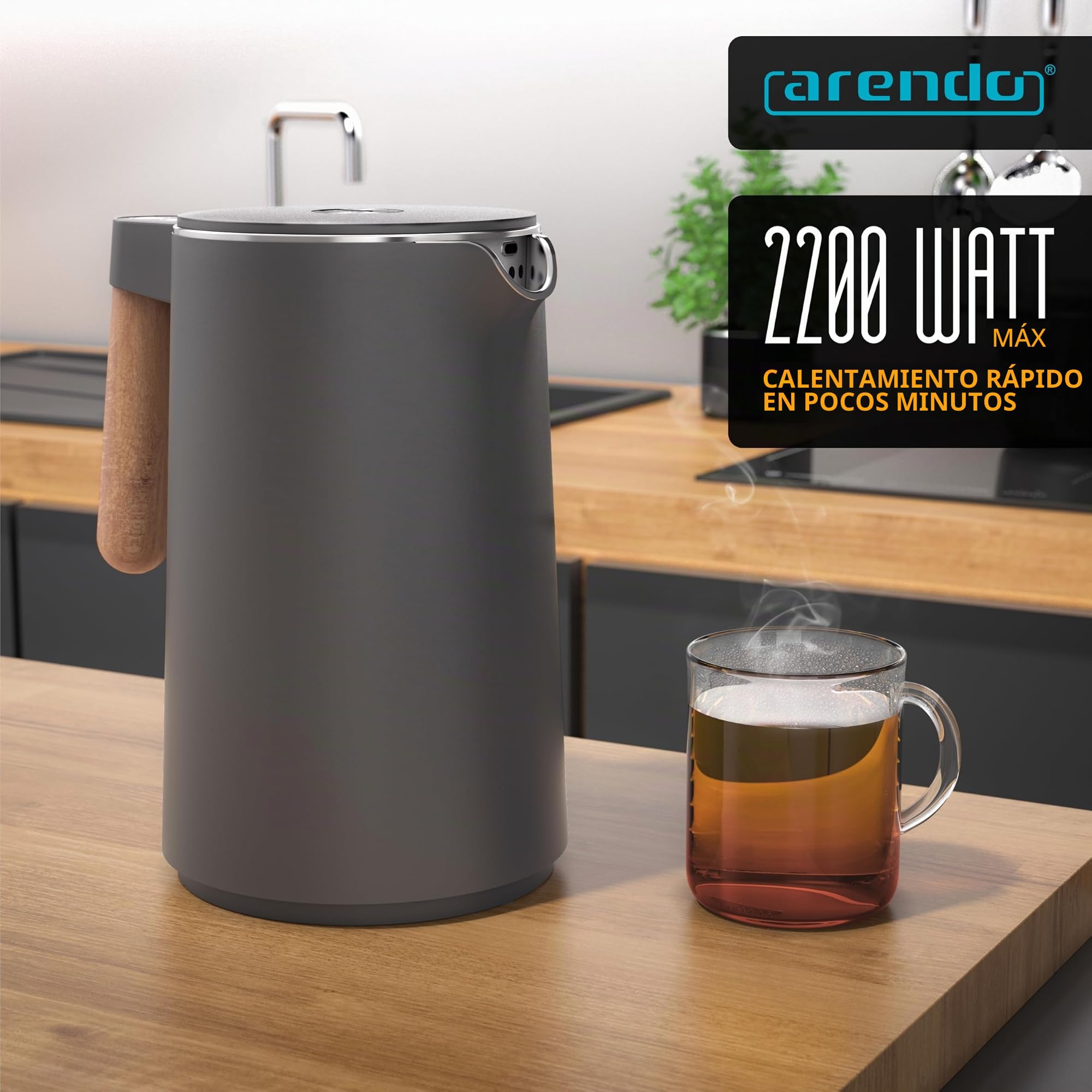 Arendo - Hervidor de agua de acero inoxidable con ajuste de temperatura - 45 °C - 100 °C - 1,5 litros - Doble pared - Libre de BPA - Función de retención de calor - Hervidor de tetera con indicador de