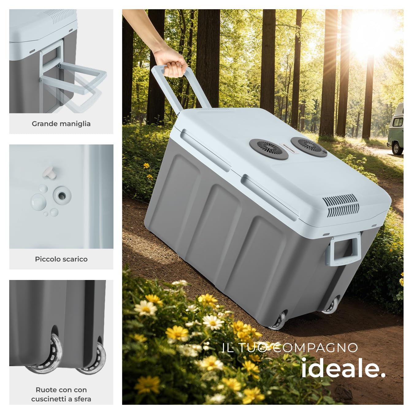 TecTake® Frigorifero Portatile e Scaldavivande 2 in 1, Mini Frigo con Modalità ECO da Campeggio con Maniglie Pieghevoli e Ruote, Portatile Elettrico Ideale per Casa e Auto - 40L