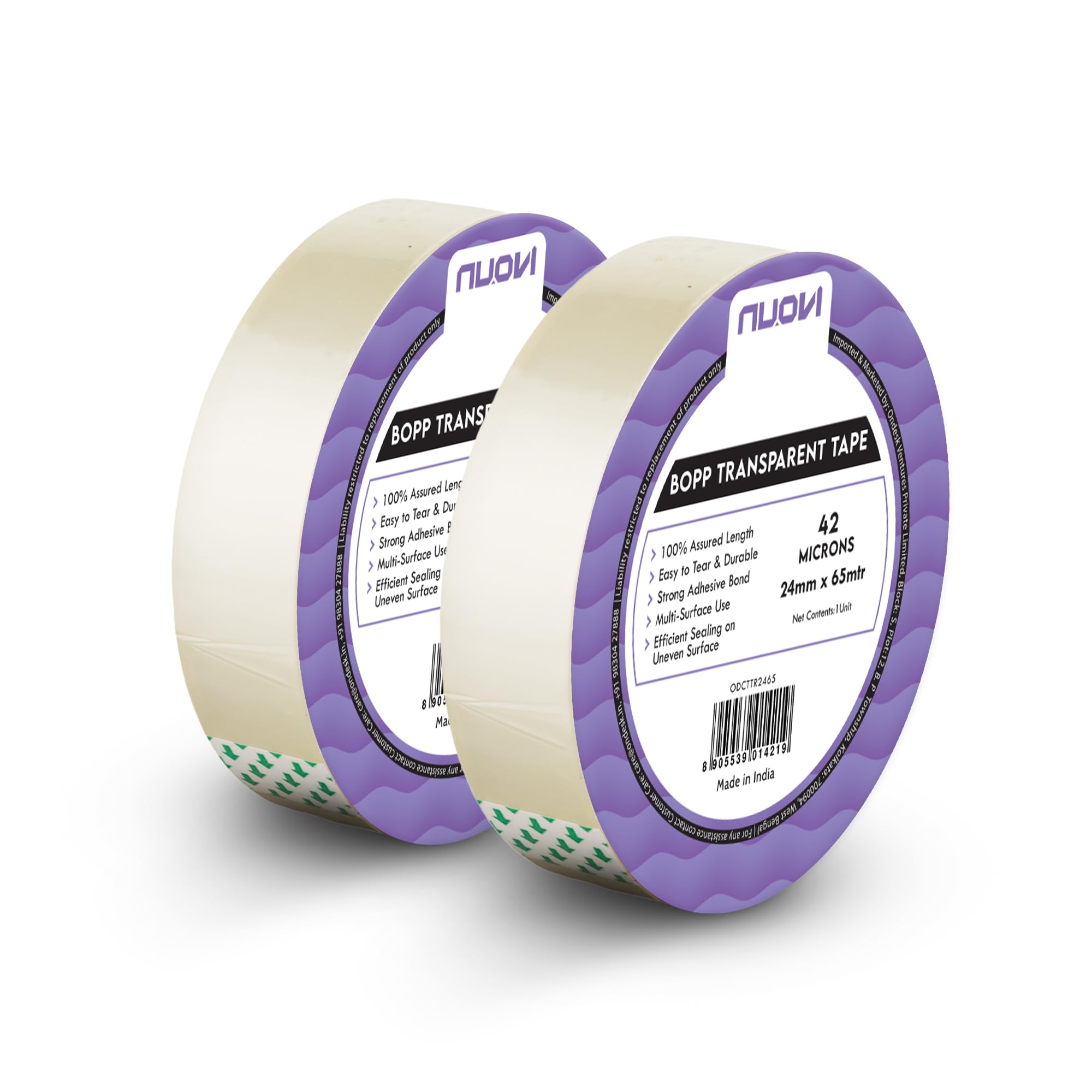 NUOVI BOPP Transparent Tape | 65meter Length X 24mm Width | 42Micron High Strength Self-Adhesive Tape for Strong Hold | Perfect for Office, Packaging, DIY, Shipping & More (Pack of 2)