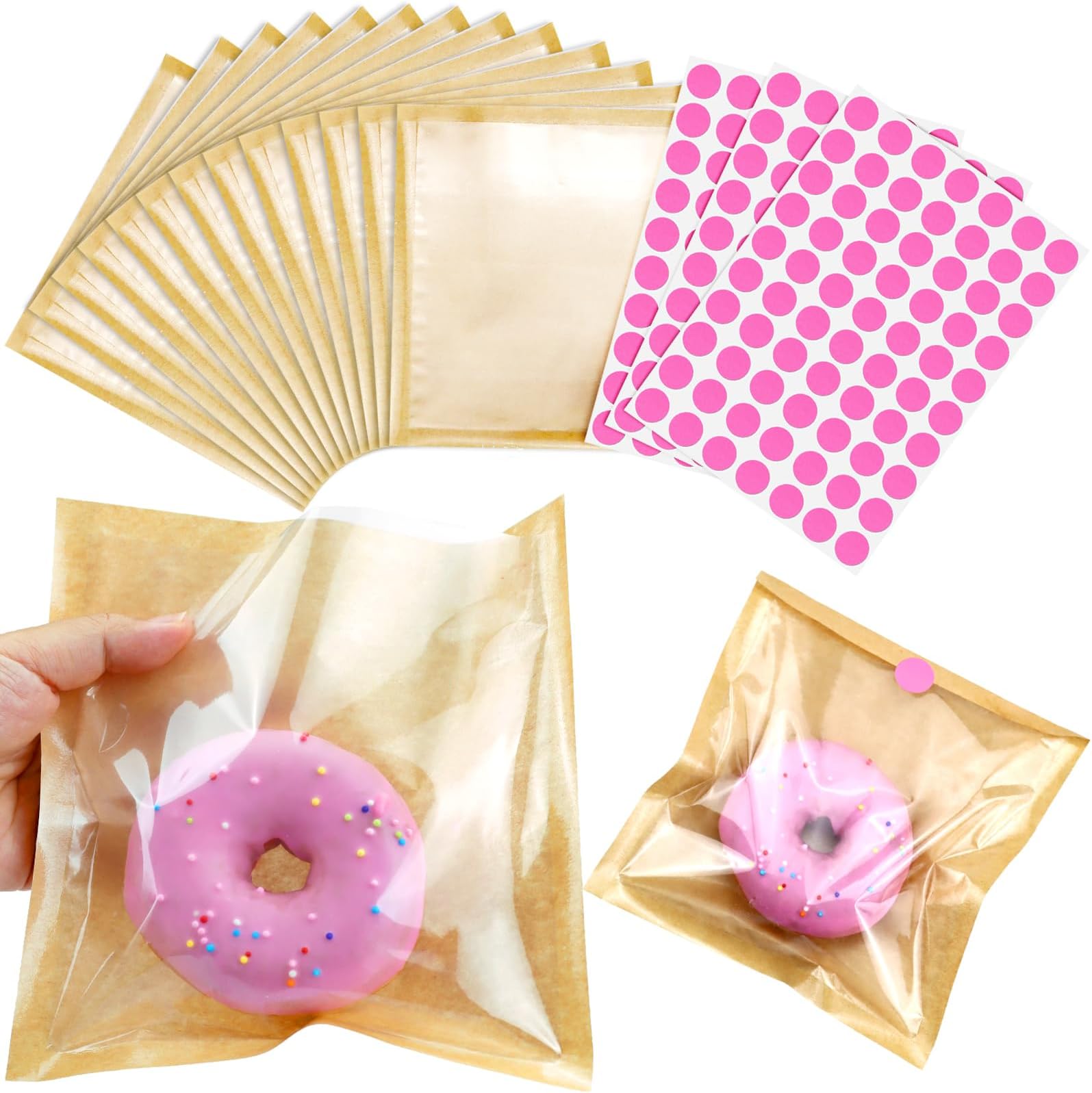 Bakery Bags with Window,7.1x7.5 Inch,50 Pack with Stickers