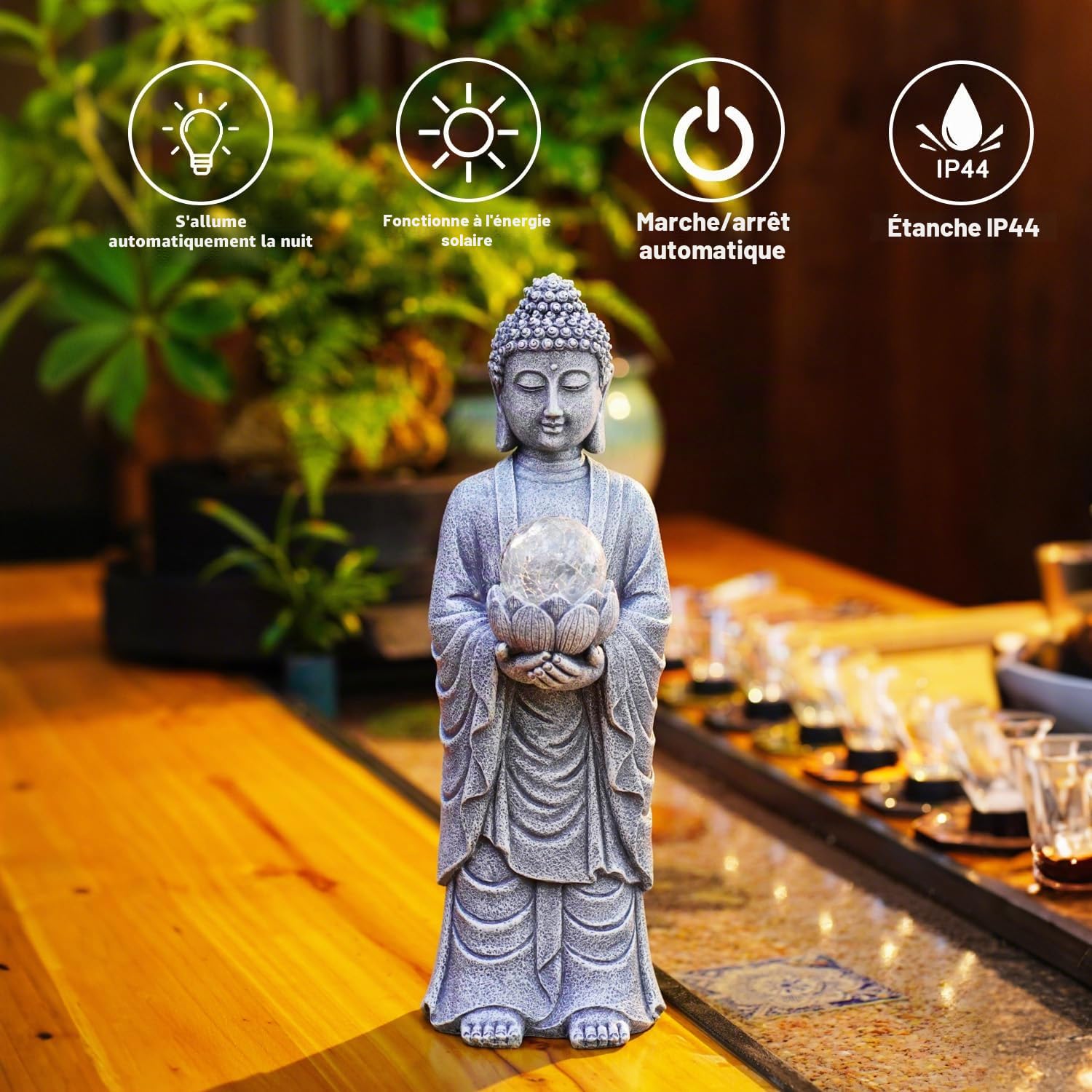Yeomoo Figurine de Bouddha solaire - Hauteur : 36 cm - Avec LED et aspect craquelé - Grande décoration zen spirituelle pour jardin, terrasse et salon - Cadeau pour femmes, maman et homme (méditation