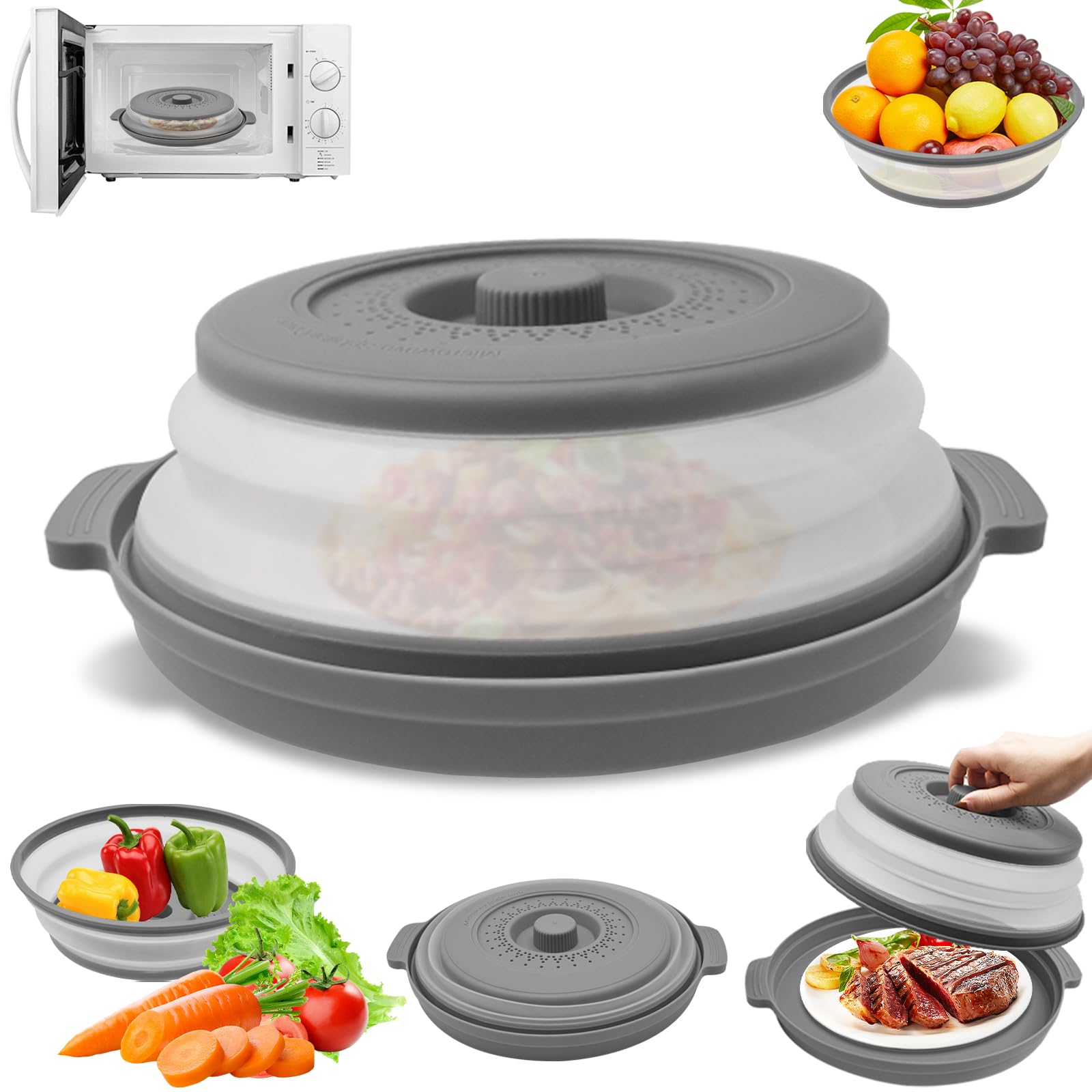 2 Coperchi Pieghevoli Per Microonde - 27 Cm, Con Gancio, Colini E Cestelli, Per Verdure, Alimenti, Resistente Al Calore (Grigio+Verde) - 2