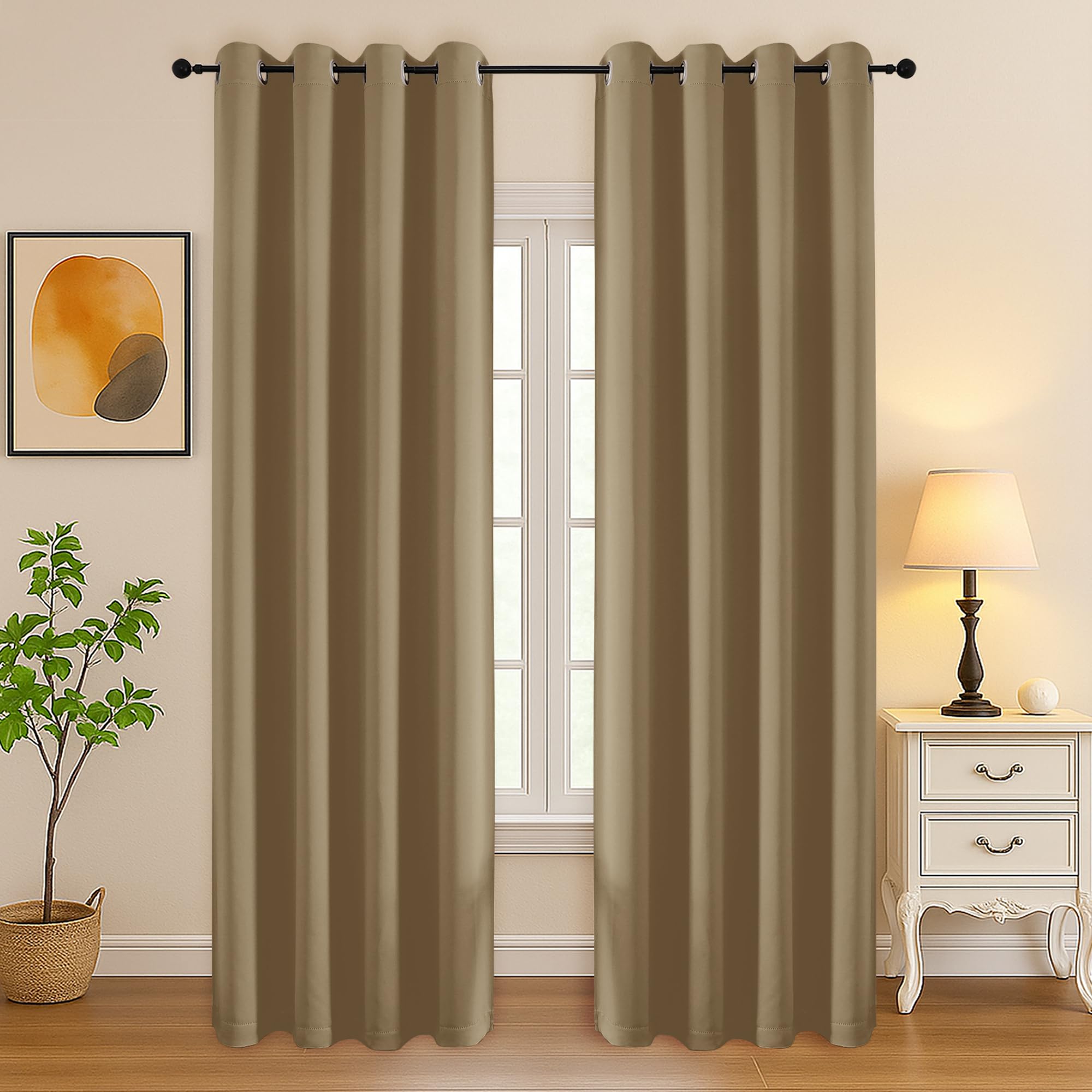 Simplebrand Taupe Curtains for Bedroom Living Room 90 Inches Long 2 Panels Set, Room Darkening Thermal Insulated Curtains &amp; Drapes, Solid Grommet Noise Reducing Window Treatment, W50 x L90 Inch